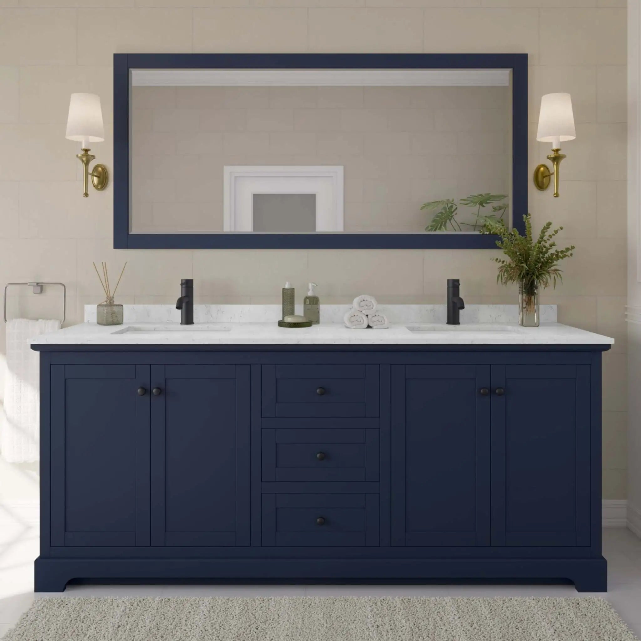 80" Avery Double Bathroom Vanity in Dark Blue with Matte Black Trim & 70" Mirror by Wyndham
