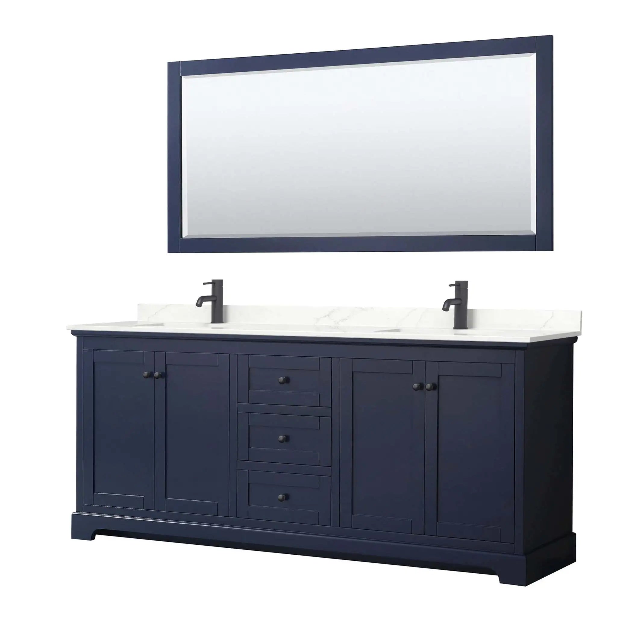 80" Avery Double Bathroom Vanity in Dark Blue with Matte Black Trim & 70" Mirror by Wyndham