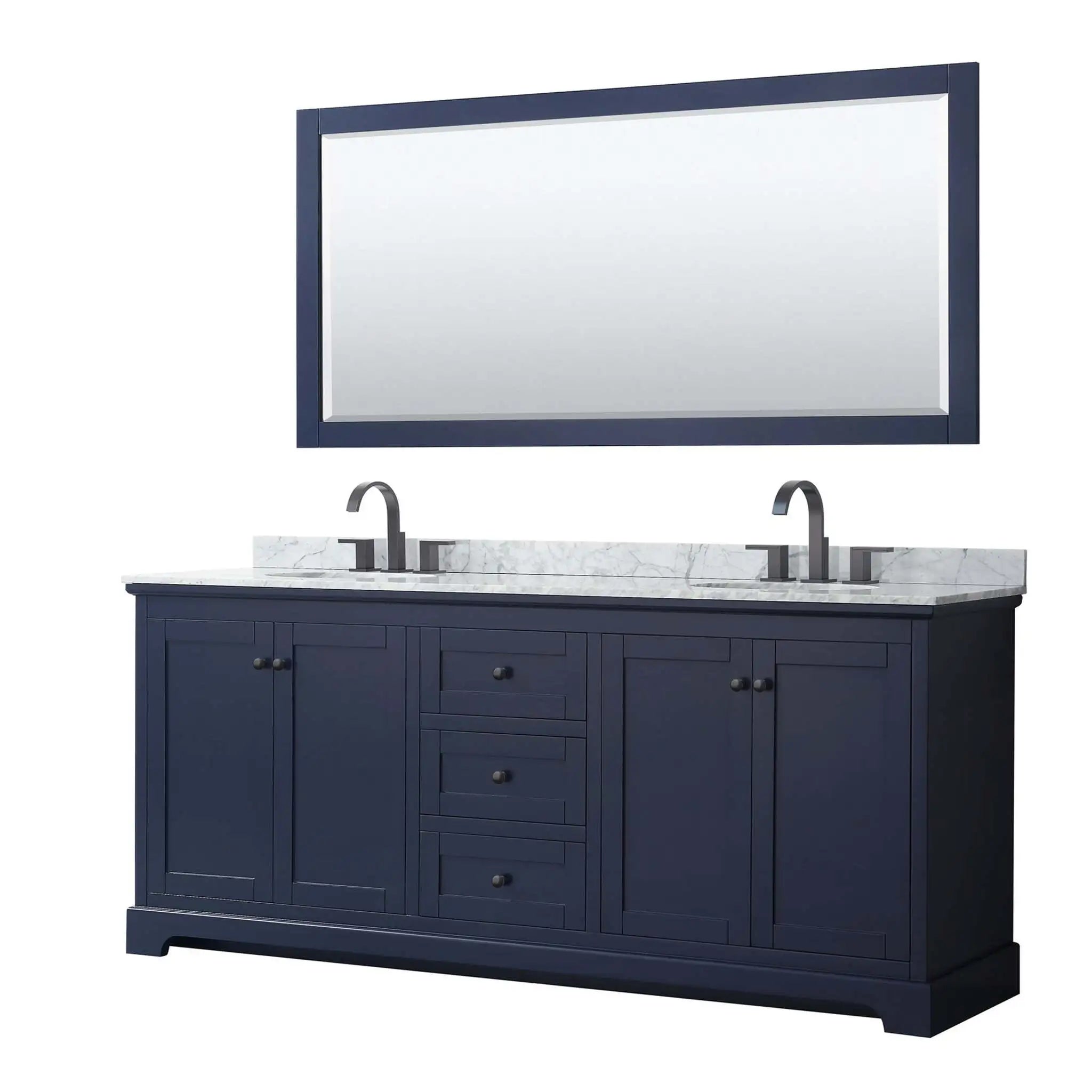 80" Avery Double Bathroom Vanity in Dark Blue with Matte Black Trim & 70" Mirror by Wyndham