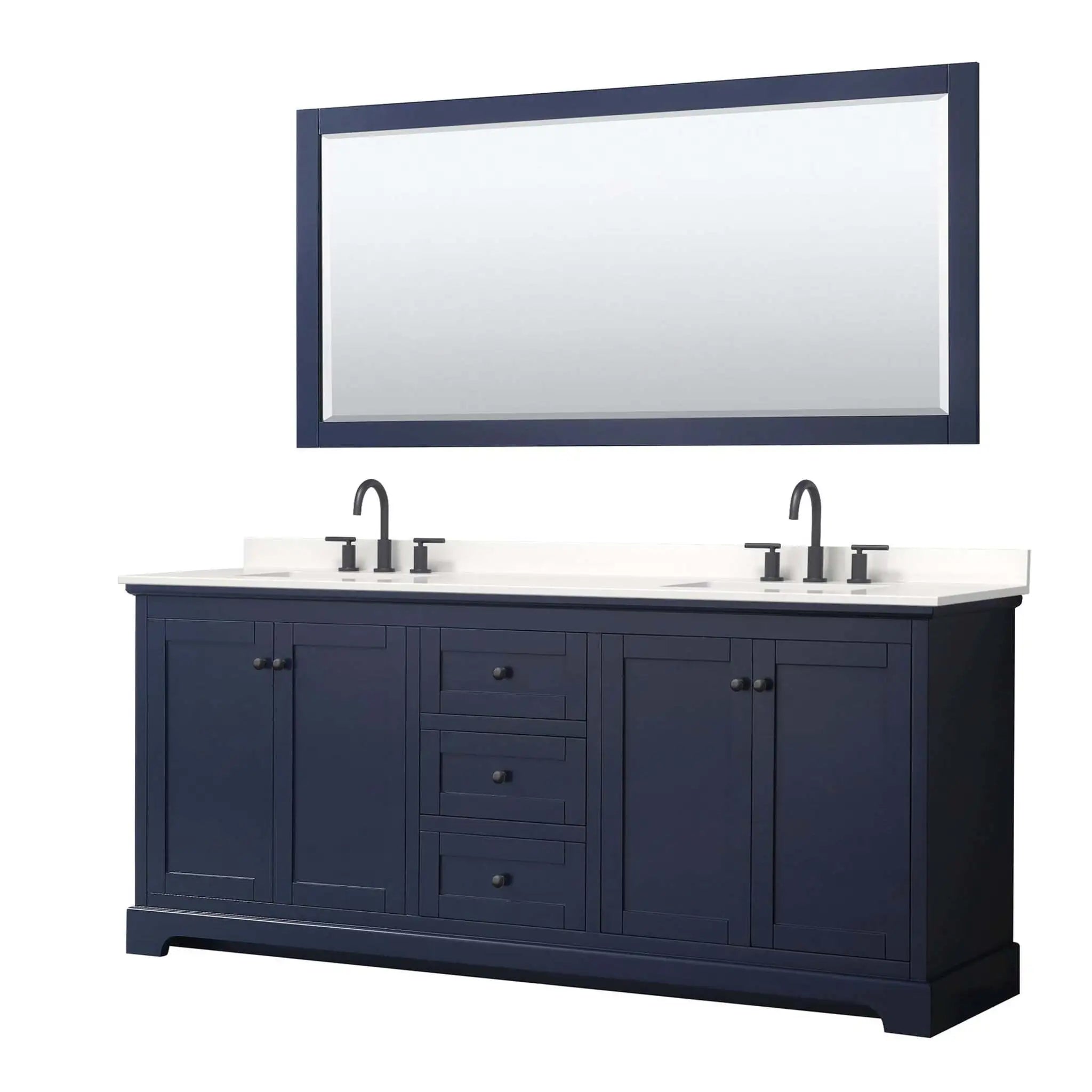 80" Avery Double Bathroom Vanity in Dark Blue with Matte Black Trim & 70" Mirror by Wyndham