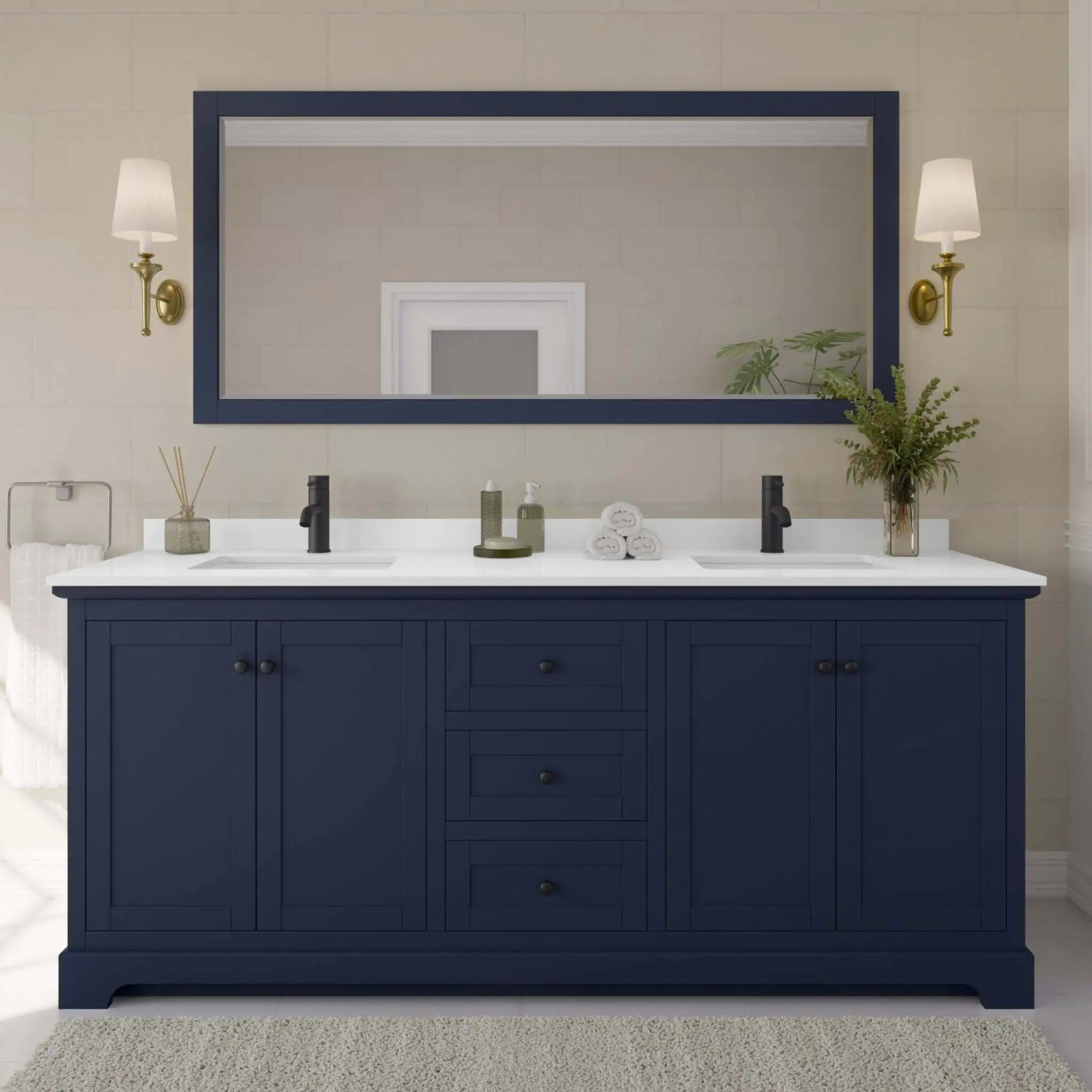 80" Avery Double Bathroom Vanity in Dark Blue with Matte Black Trim by Wyndham