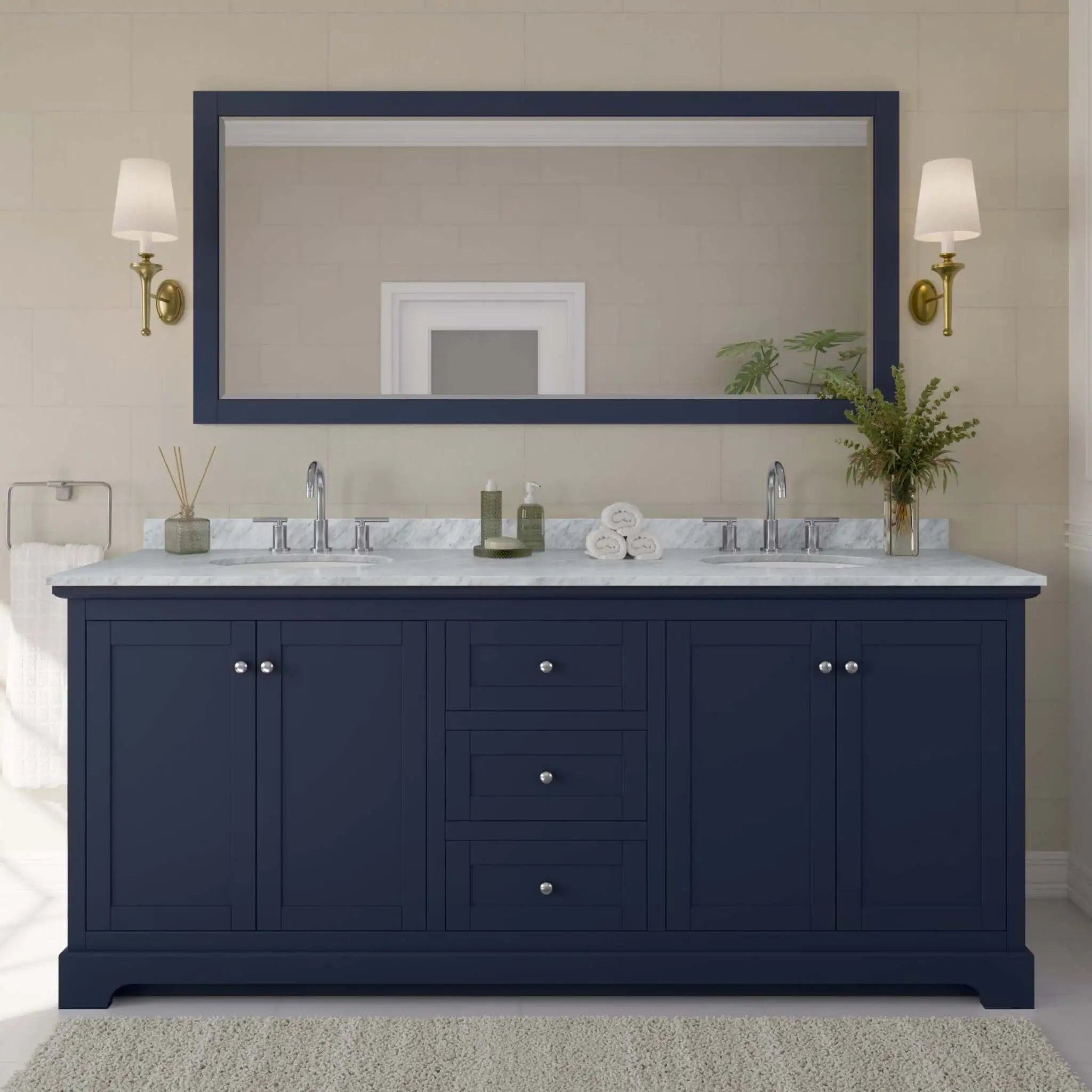 80" Avery Double Bathroom Vanity in Dark Blue with Polished Chrome Trim & 70" Mirror by Wyndham