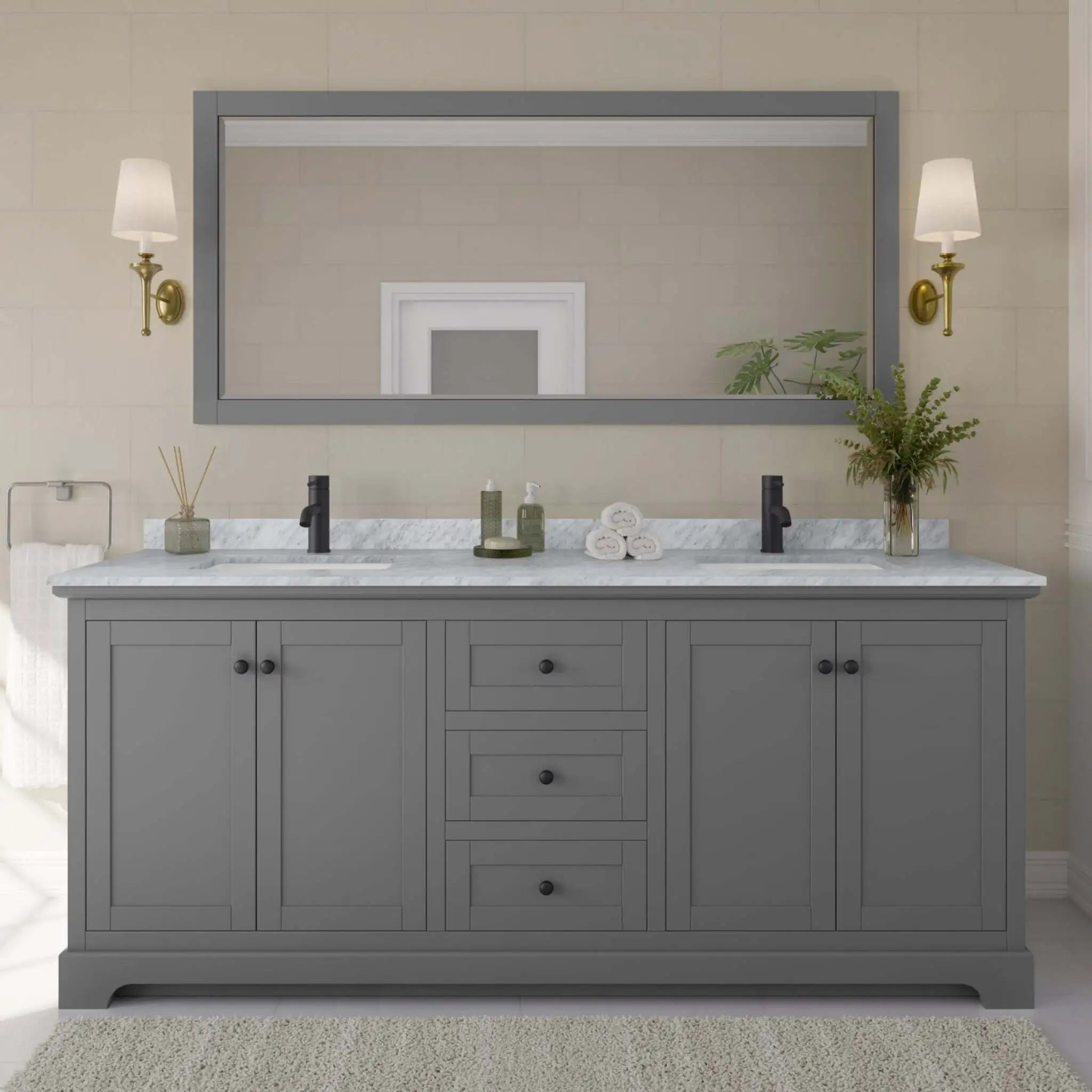 80" Avery Double Bathroom Vanity in Dark Gray with Matte Black Trim & 70" Mirror by Wyndham