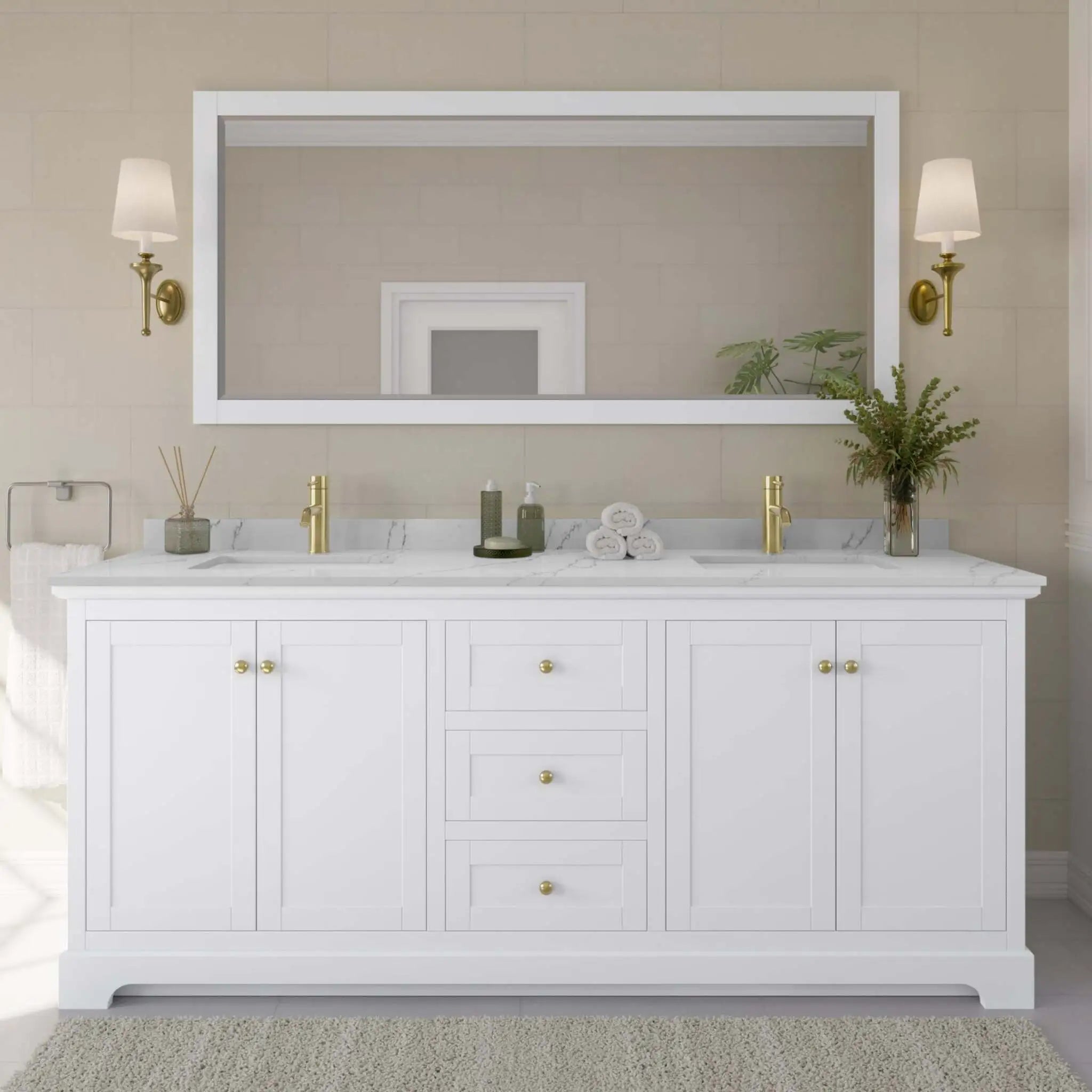 80" Avery Double Bathroom Vanity in White with Brushed Gold Trim & 70" Mirror by Wyndham