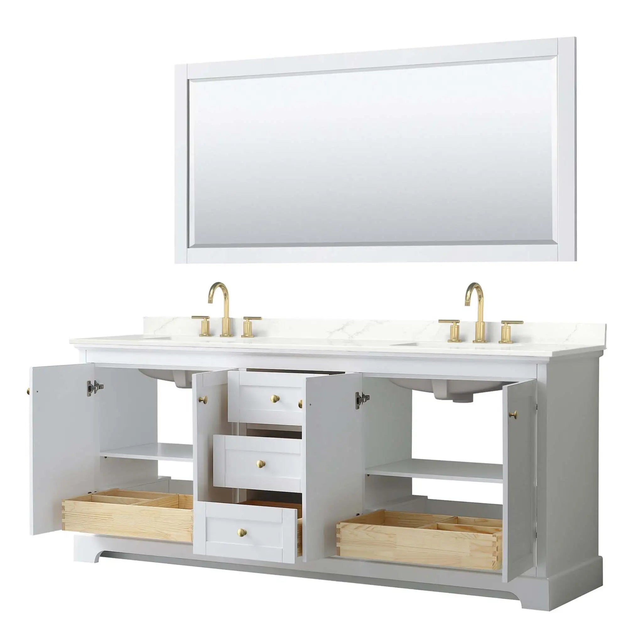 80" Avery Double Bathroom Vanity in White with Brushed Gold Trim & 70" Mirror by Wyndham