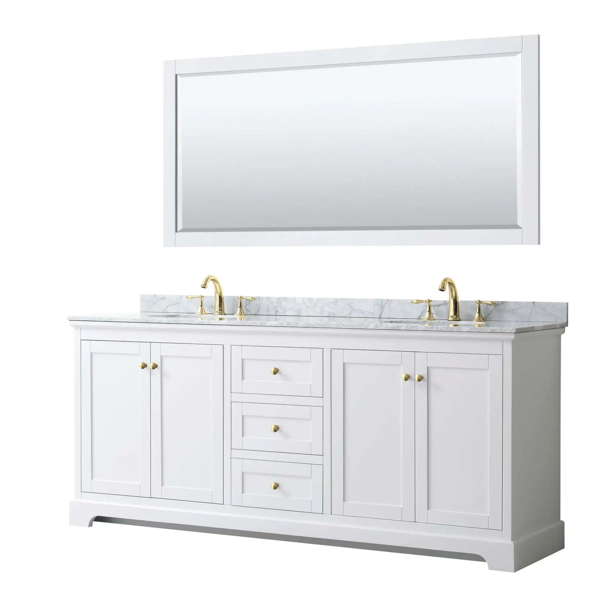 80" Avery Double Bathroom Vanity in White with Brushed Gold Trim & 70" Mirror by Wyndham