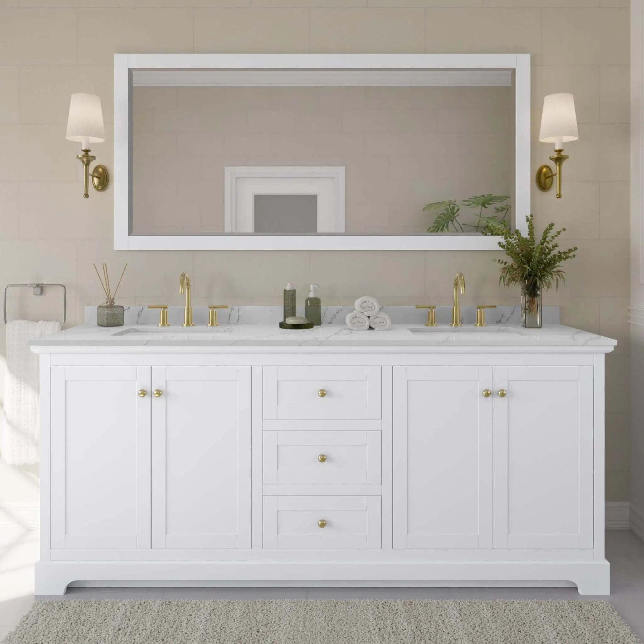 80" Avery Double Bathroom Vanity in White with Brushed Gold Trim by Wyndham