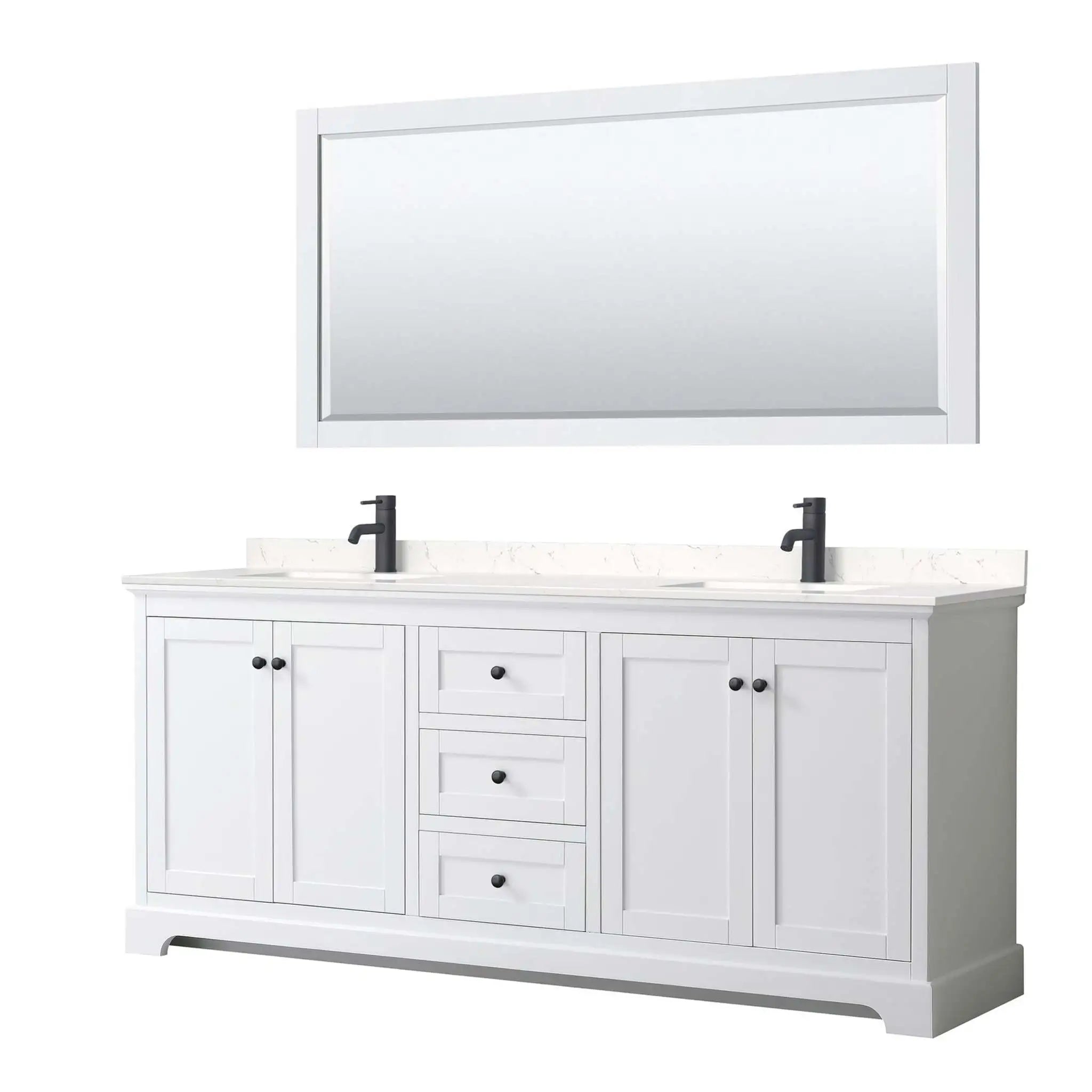 80" Avery Double Bathroom Vanity in White with Matte Black Trim & 70" Mirror by Wyndham