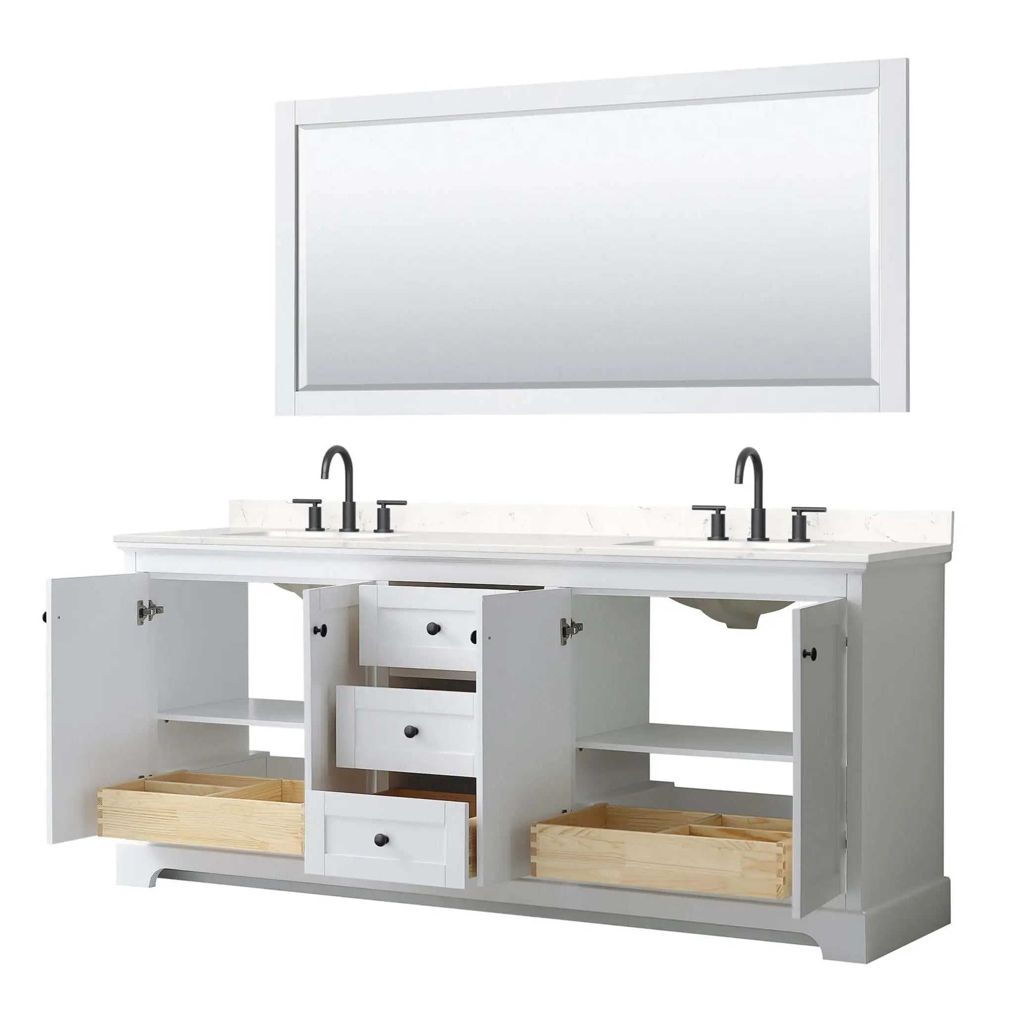80" Avery Double Bathroom Vanity in White with Matte Black Trim & 70" Mirror by Wyndham