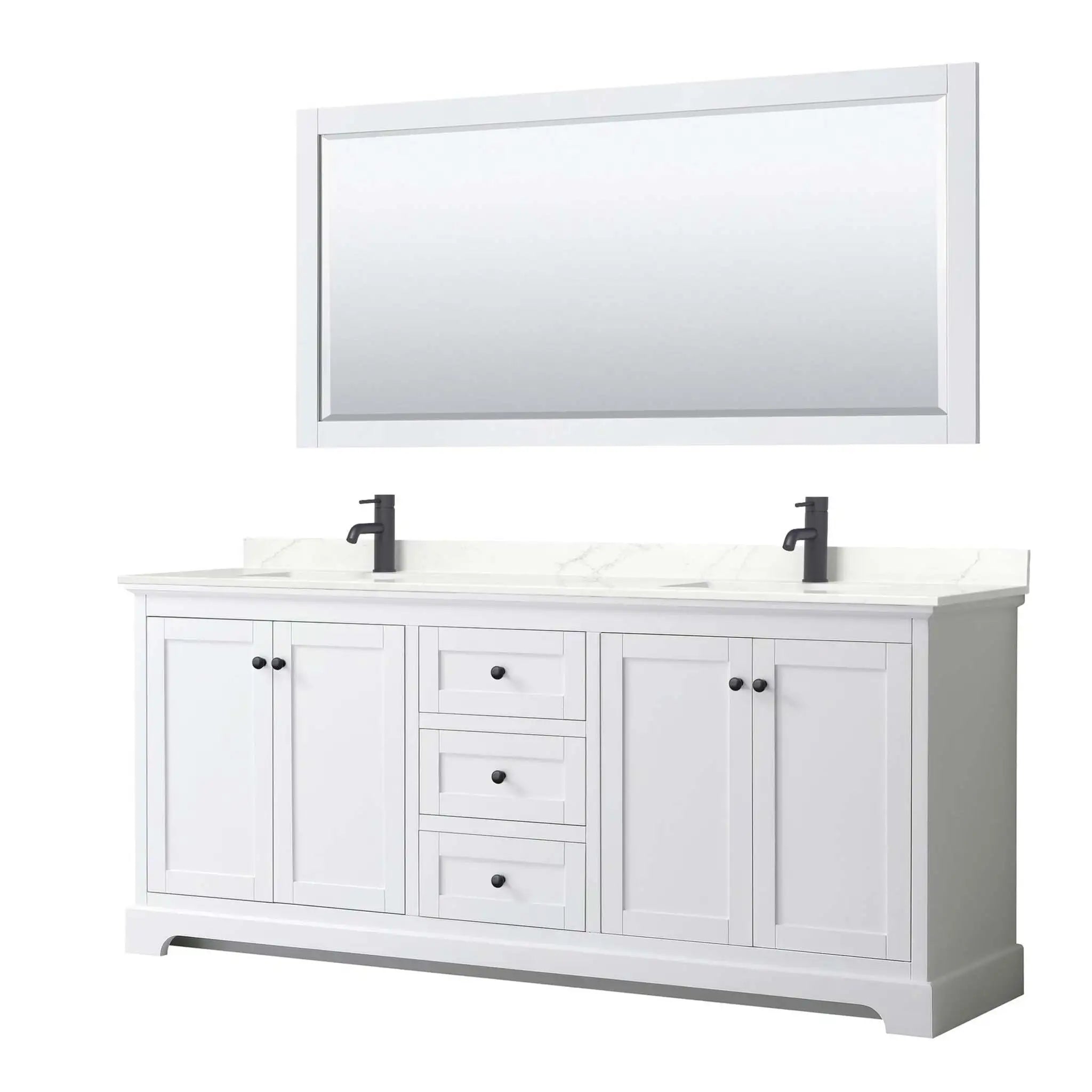 80" Avery Double Bathroom Vanity in White with Matte Black Trim & 70" Mirror by Wyndham