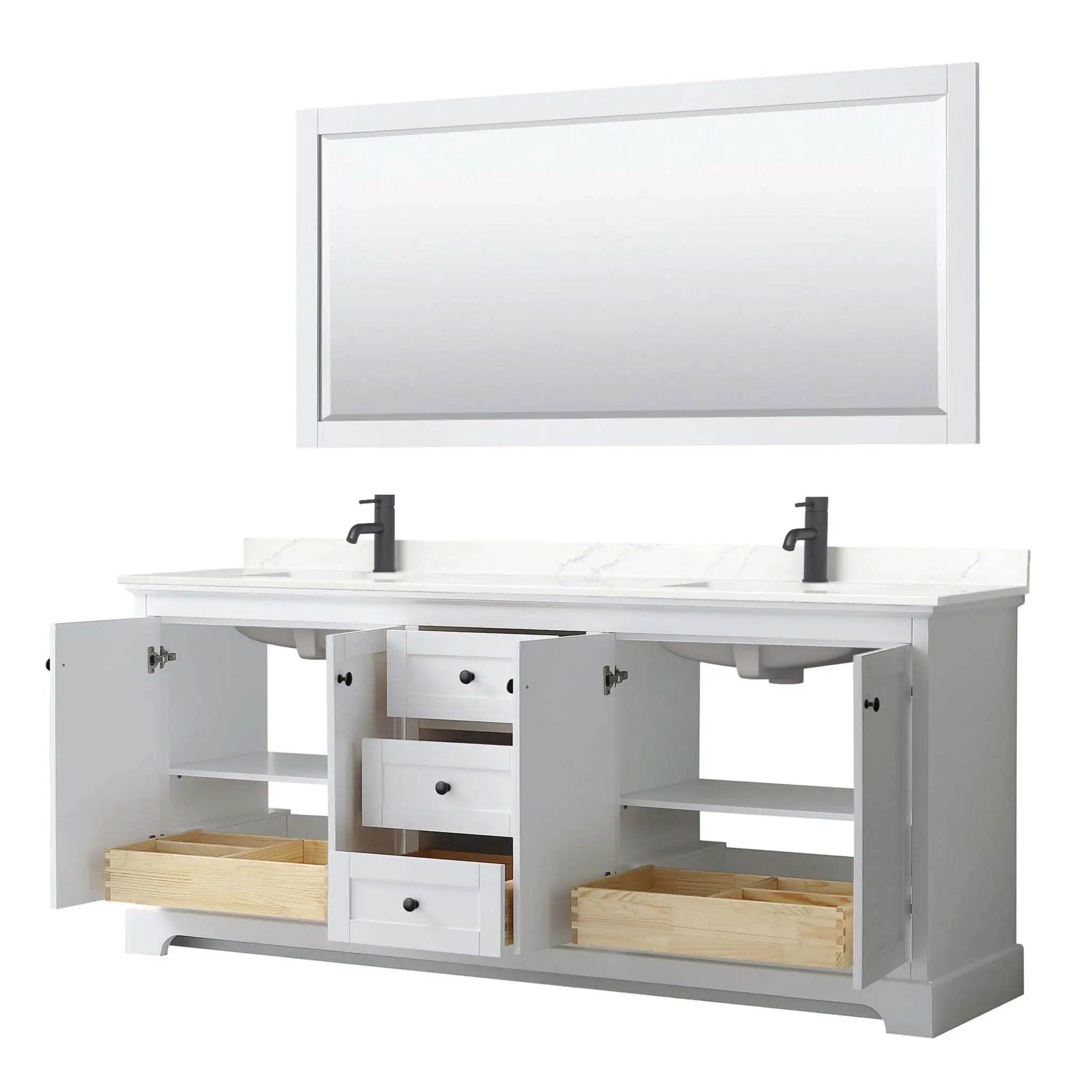 80" Avery Double Bathroom Vanity in White with Matte Black Trim & 70" Mirror by Wyndham