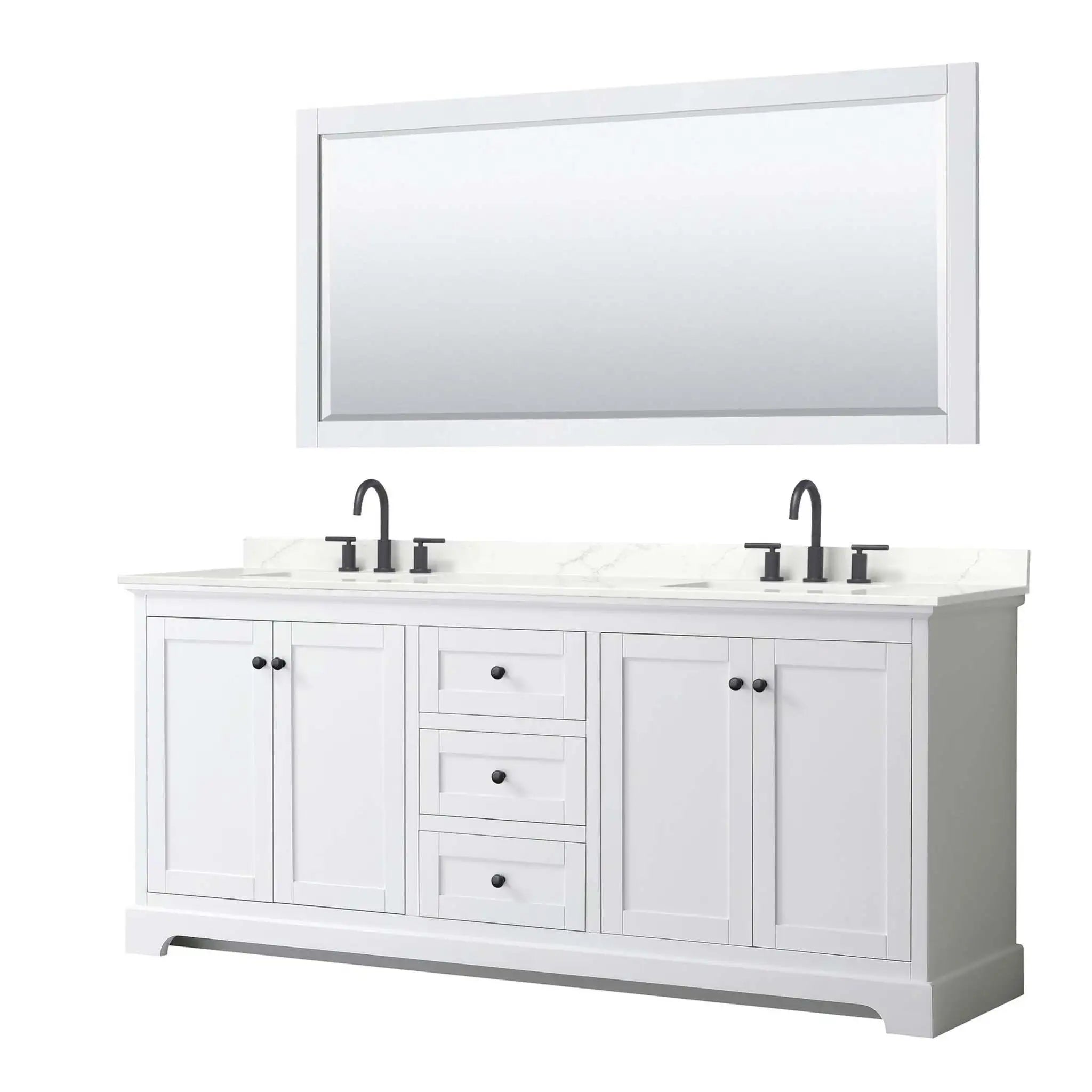 80" Avery Double Bathroom Vanity in White with Matte Black Trim & 70" Mirror by Wyndham
