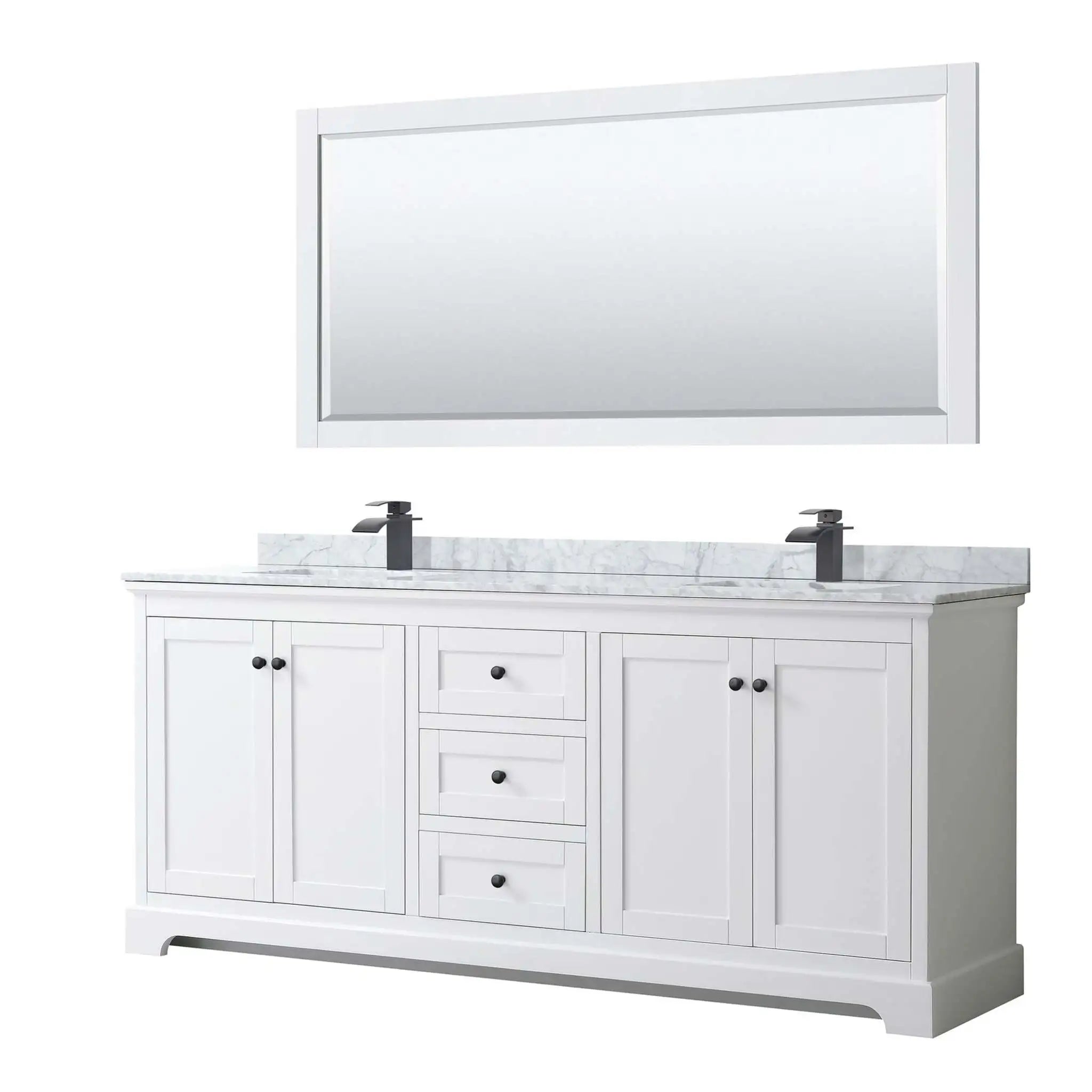 80" Avery Double Bathroom Vanity in White with Matte Black Trim & 70" Mirror by Wyndham
