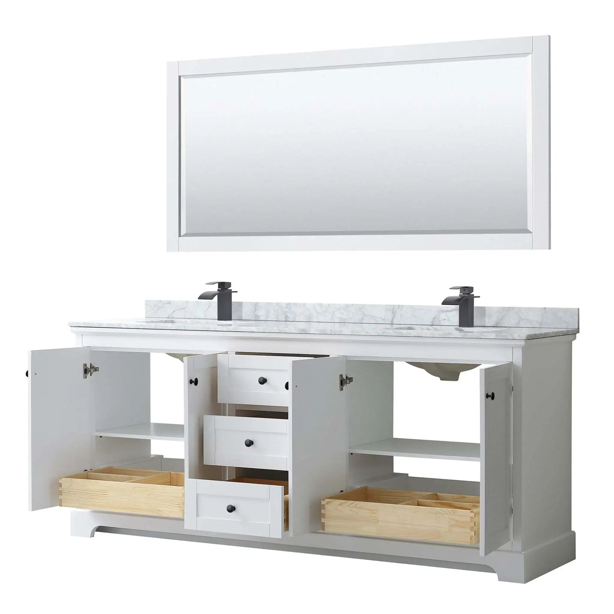 80" Avery Double Bathroom Vanity in White with Matte Black Trim & 70" Mirror by Wyndham