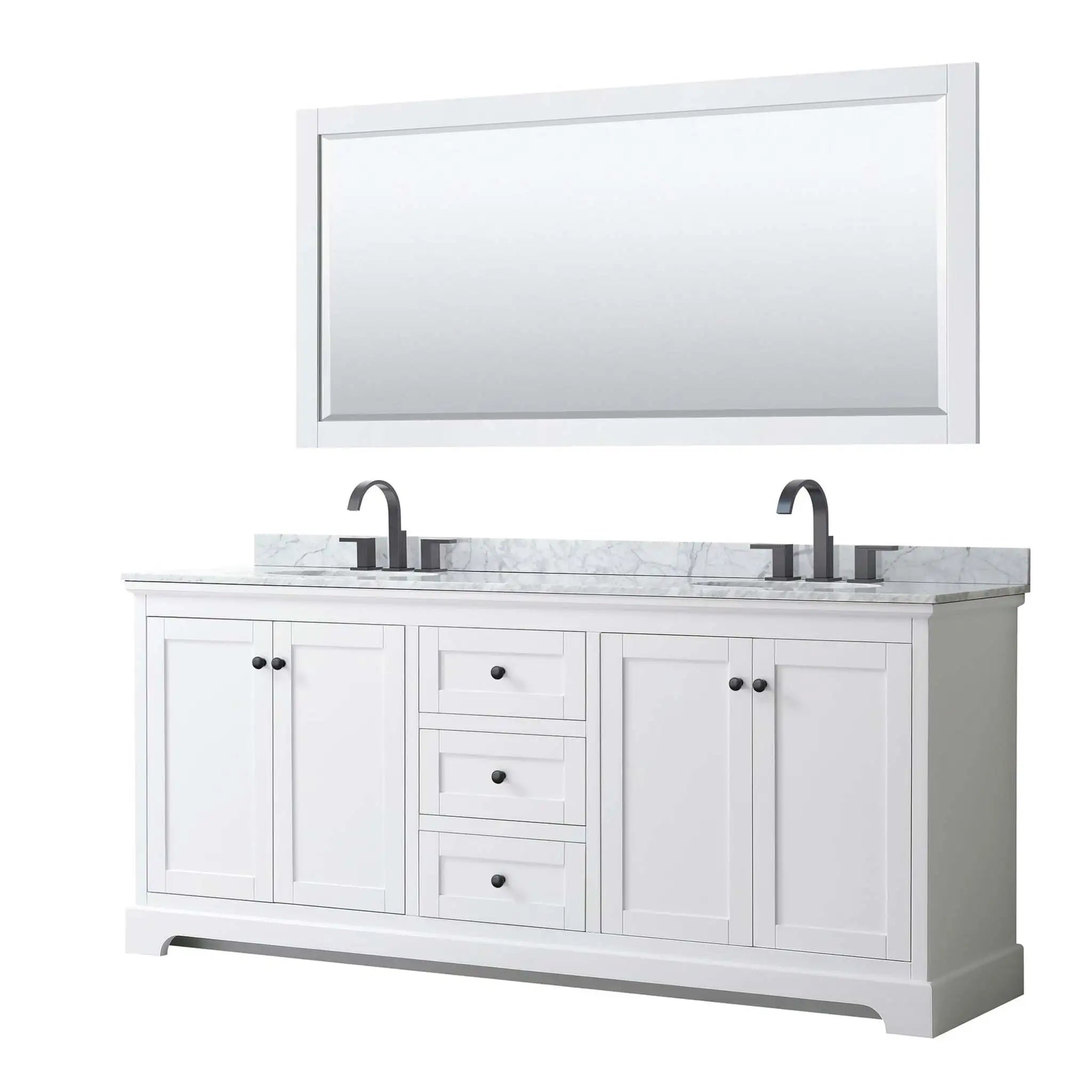 80" Avery Double Bathroom Vanity in White with Matte Black Trim & 70" Mirror by Wyndham