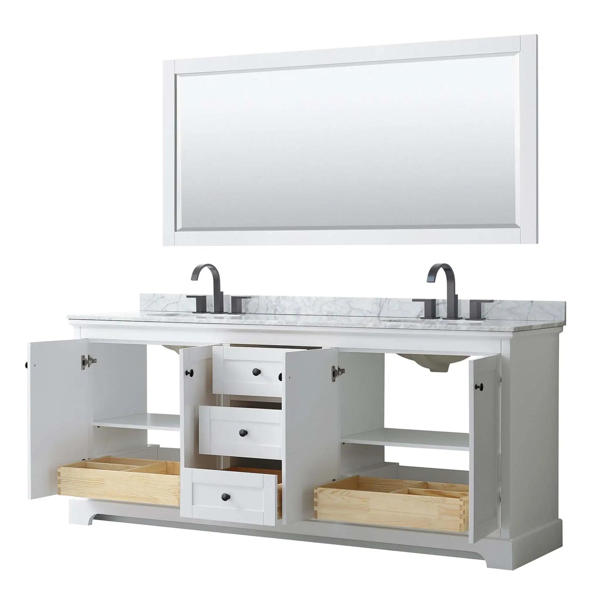 80" Avery Double Bathroom Vanity in White with Matte Black Trim & 70" Mirror by Wyndham