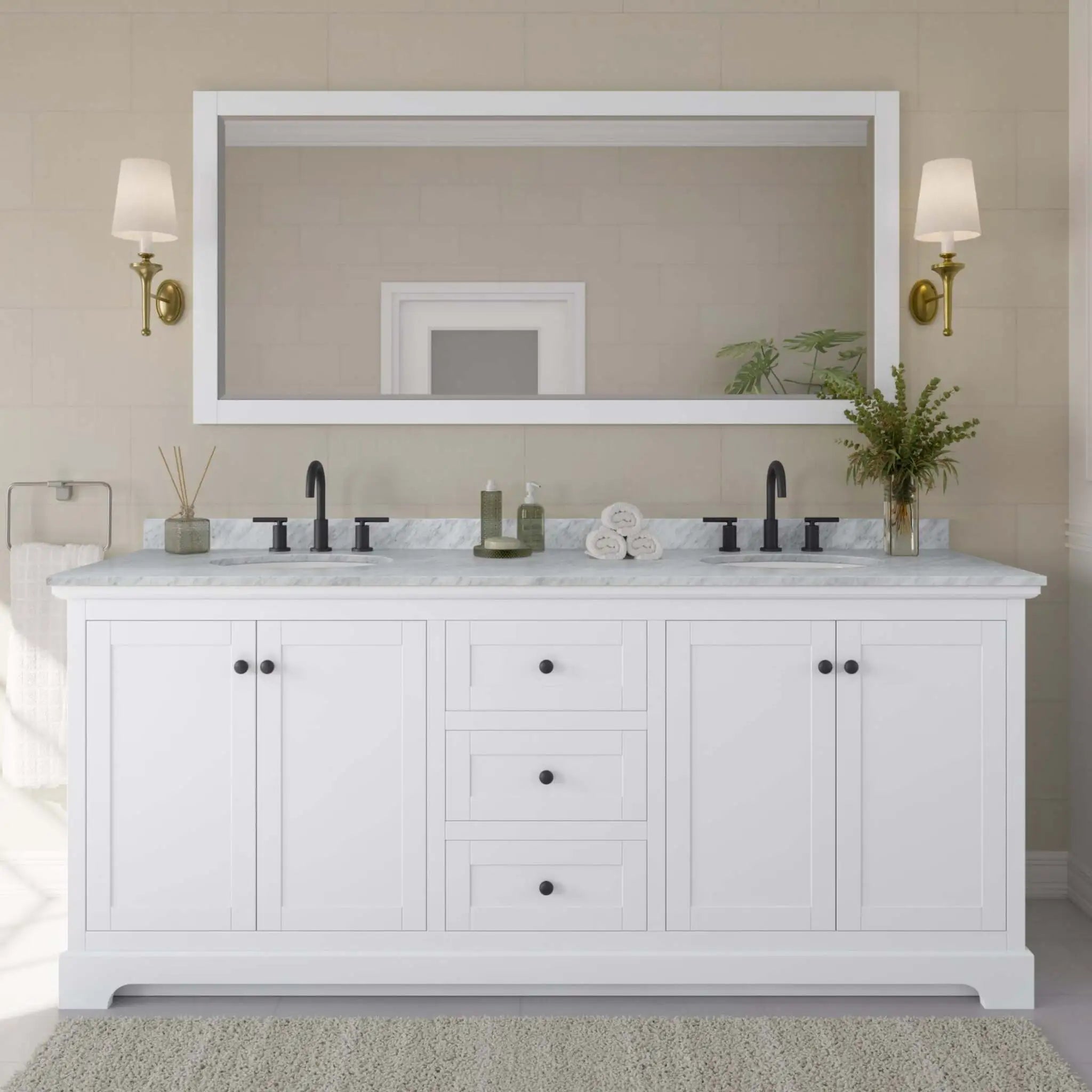 80" Avery Double Bathroom Vanity in White with Matte Black Trim & 70" Mirror by Wyndham