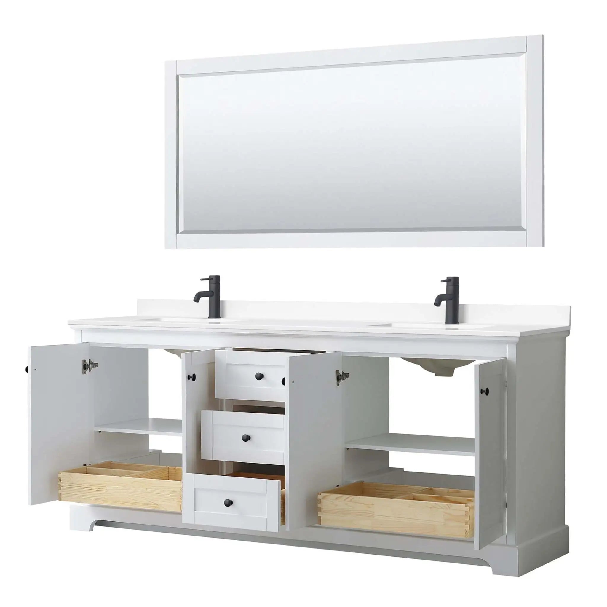 80" Avery Double Bathroom Vanity in White with Matte Black Trim & 70" Mirror by Wyndham