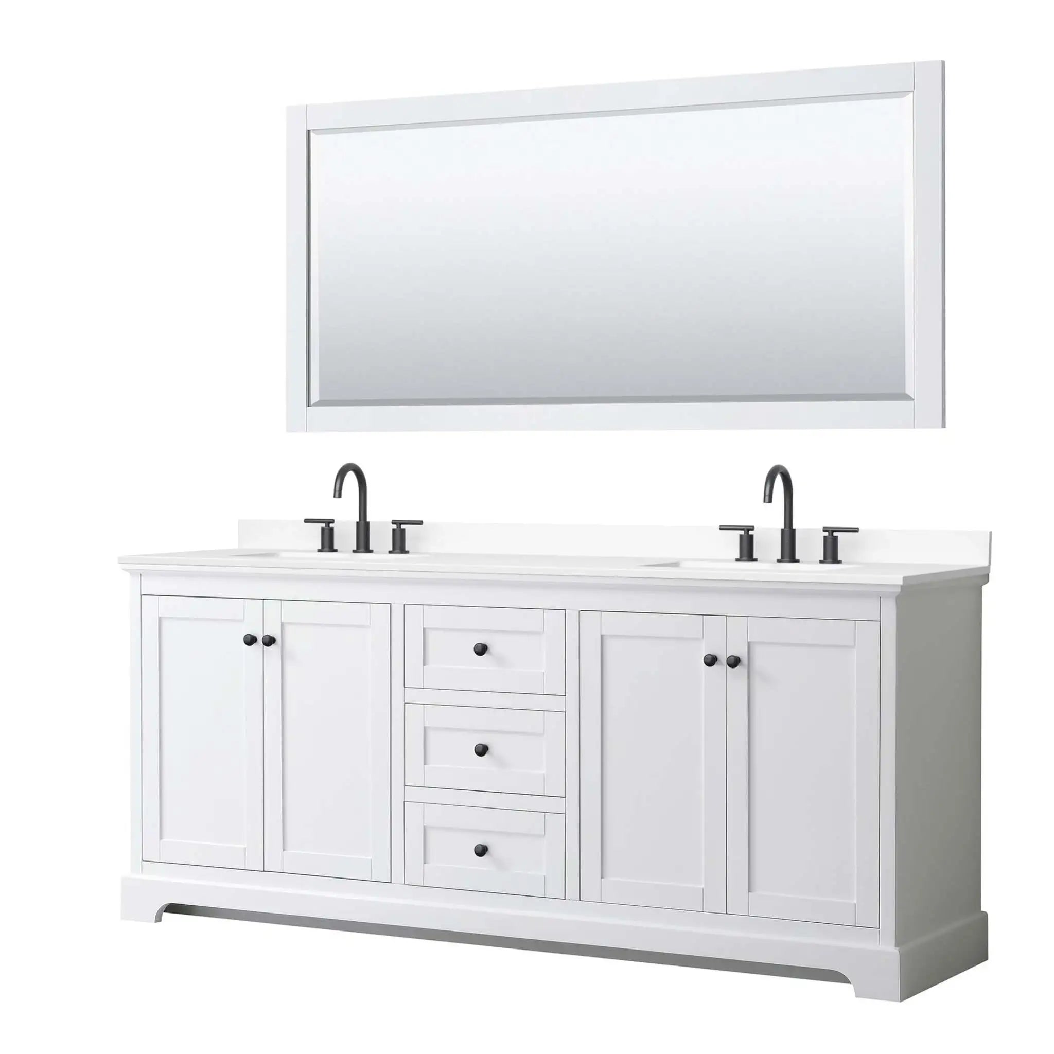 80" Avery Double Bathroom Vanity in White with Matte Black Trim & 70" Mirror by Wyndham