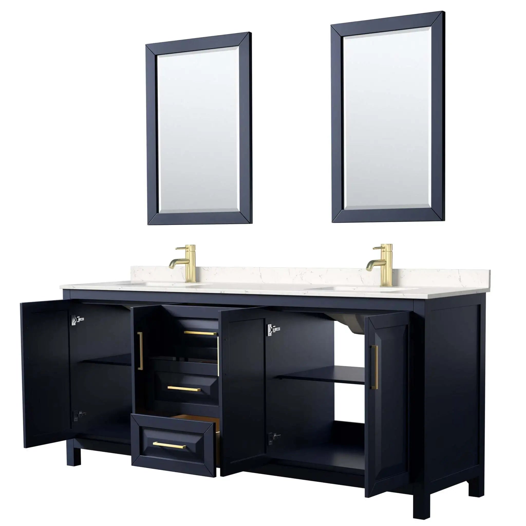80" Daria Double Bathroom Vanity in Dark Blue with Brushed Gold Trim & 24" Mirror by Wyndham