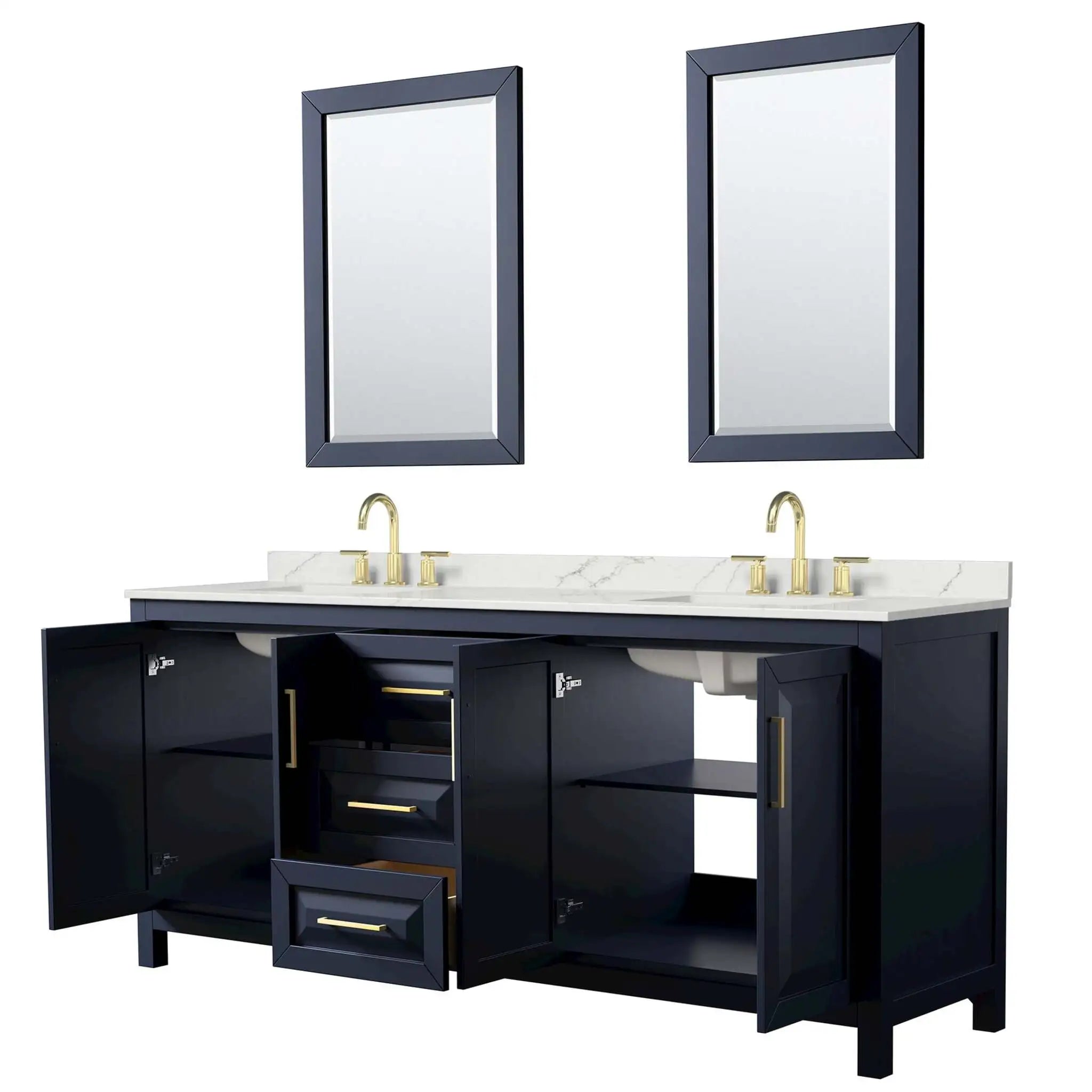 80" Daria Double Bathroom Vanity in Dark Blue with Brushed Gold Trim & 24" Mirror by Wyndham