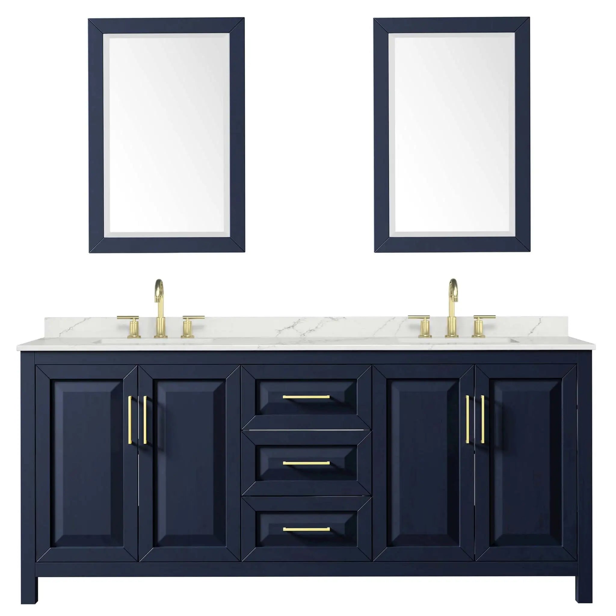 80" Daria Double Bathroom Vanity in Dark Blue with Brushed Gold Trim & 24" Mirror by Wyndham
