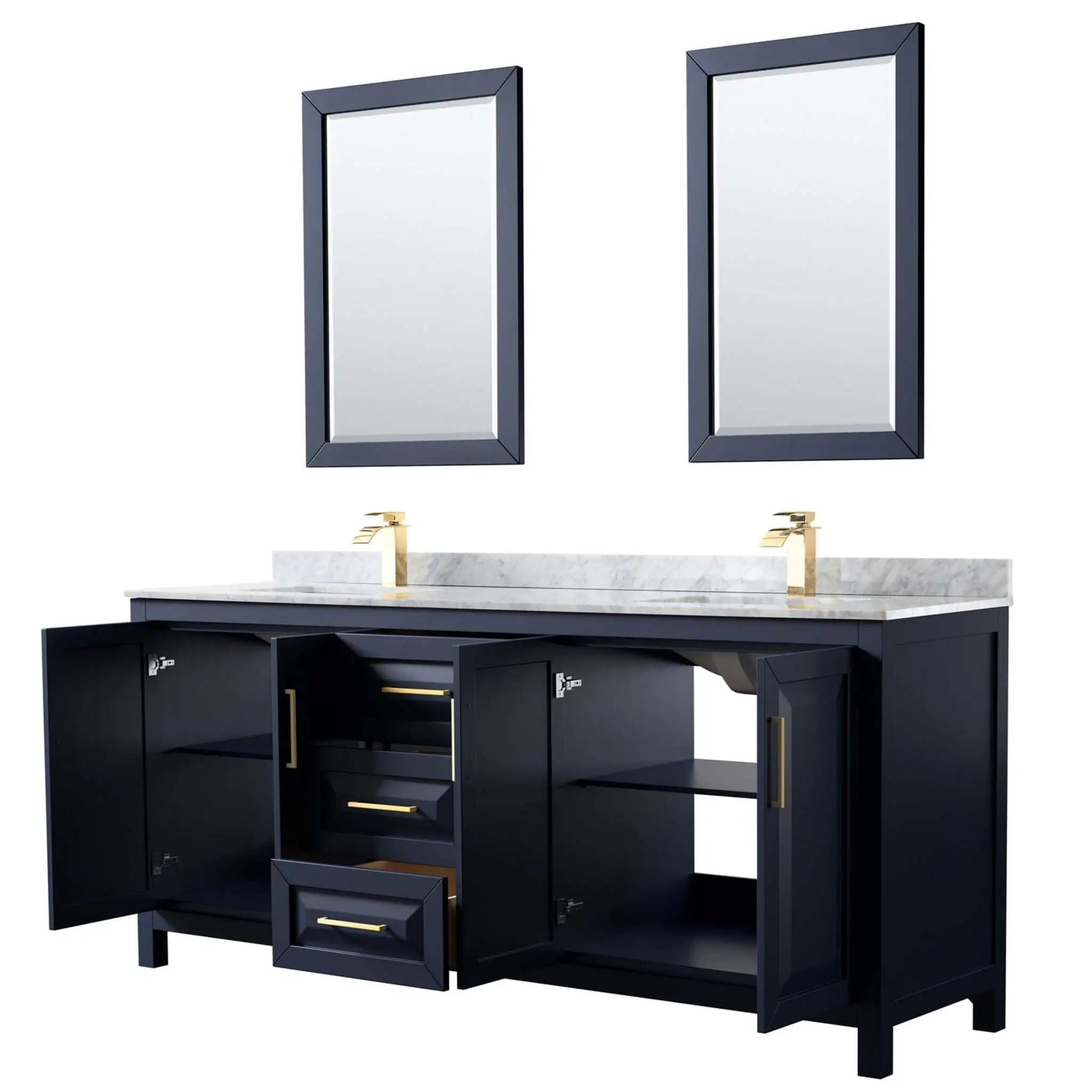 80" Daria Double Bathroom Vanity in Dark Blue with Brushed Gold Trim & 24" Mirror by Wyndham