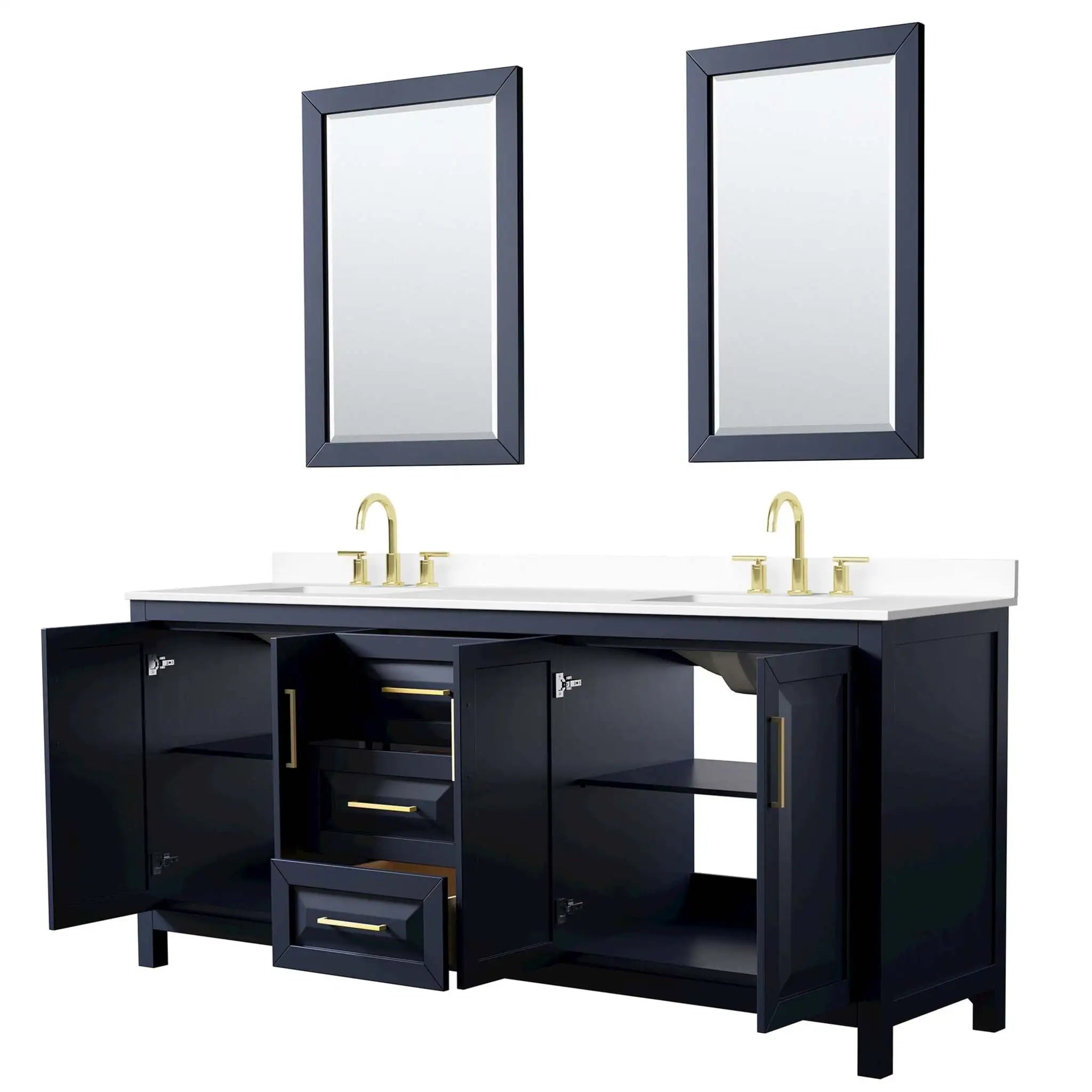 80" Daria Double Bathroom Vanity in Dark Blue with Brushed Gold Trim & 24" Mirror by Wyndham