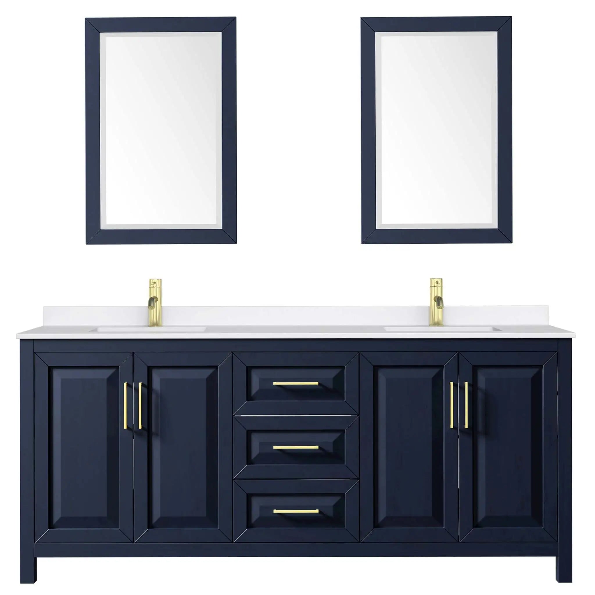 80" Daria Double Bathroom Vanity in Dark Blue with Brushed Gold Trim & 24" Mirror by Wyndham
