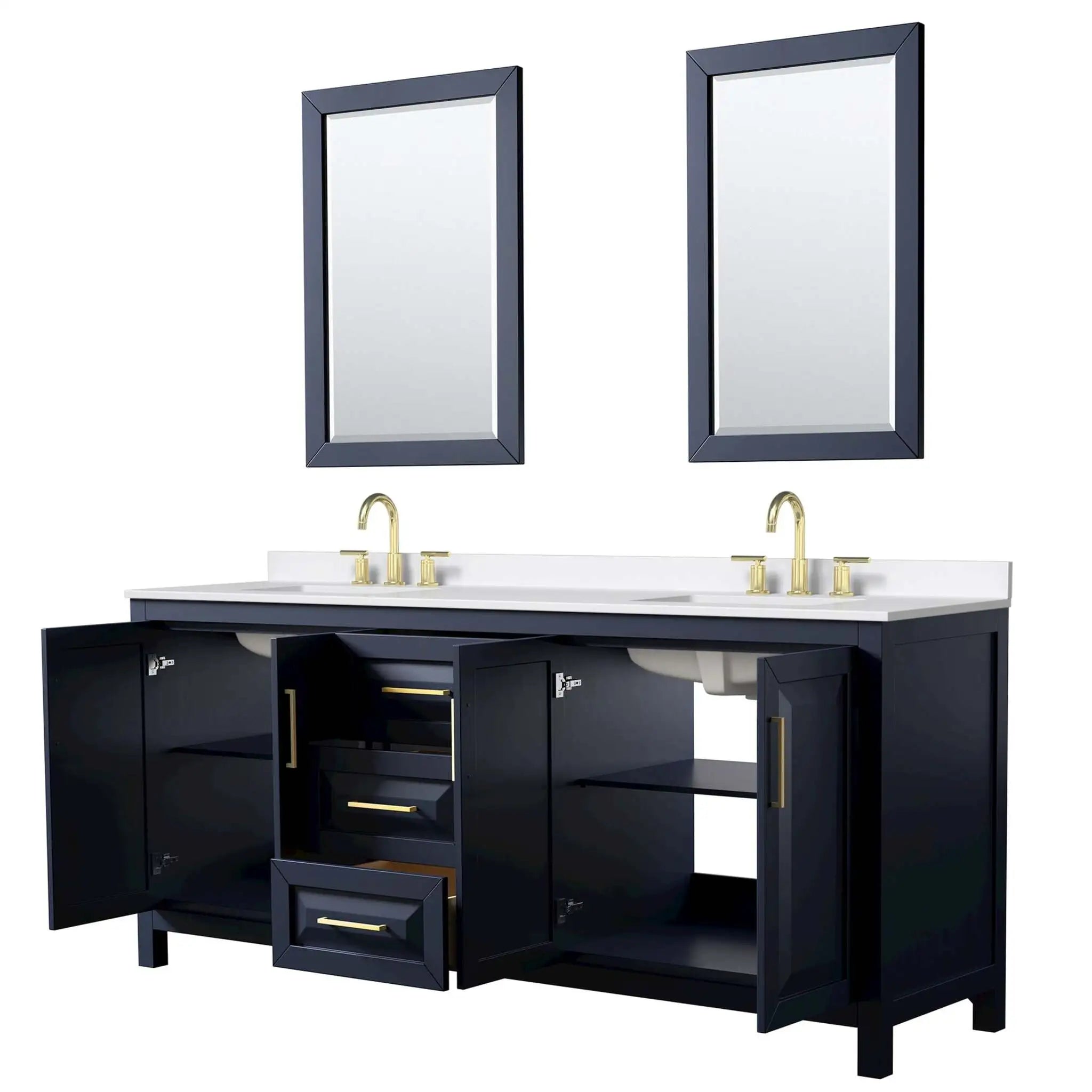 80" Daria Double Bathroom Vanity in Dark Blue with Brushed Gold Trim & 24" Mirror by Wyndham