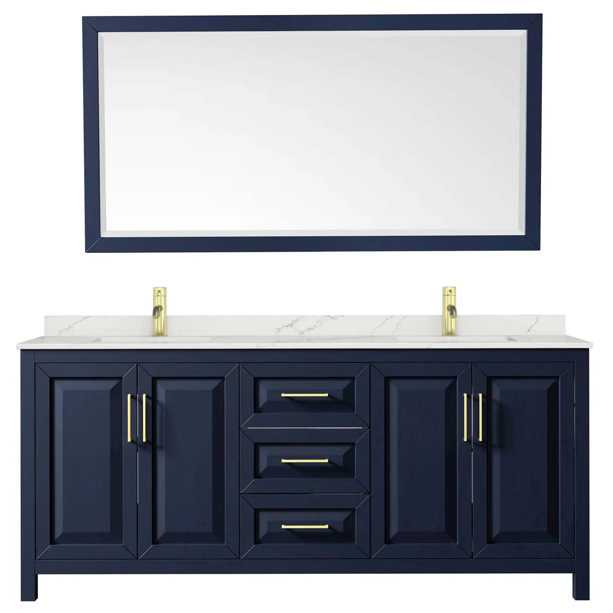 80" Daria Double Bathroom Vanity in Dark Blue with Brushed Gold Trim & 70" Mirror by Wyndham