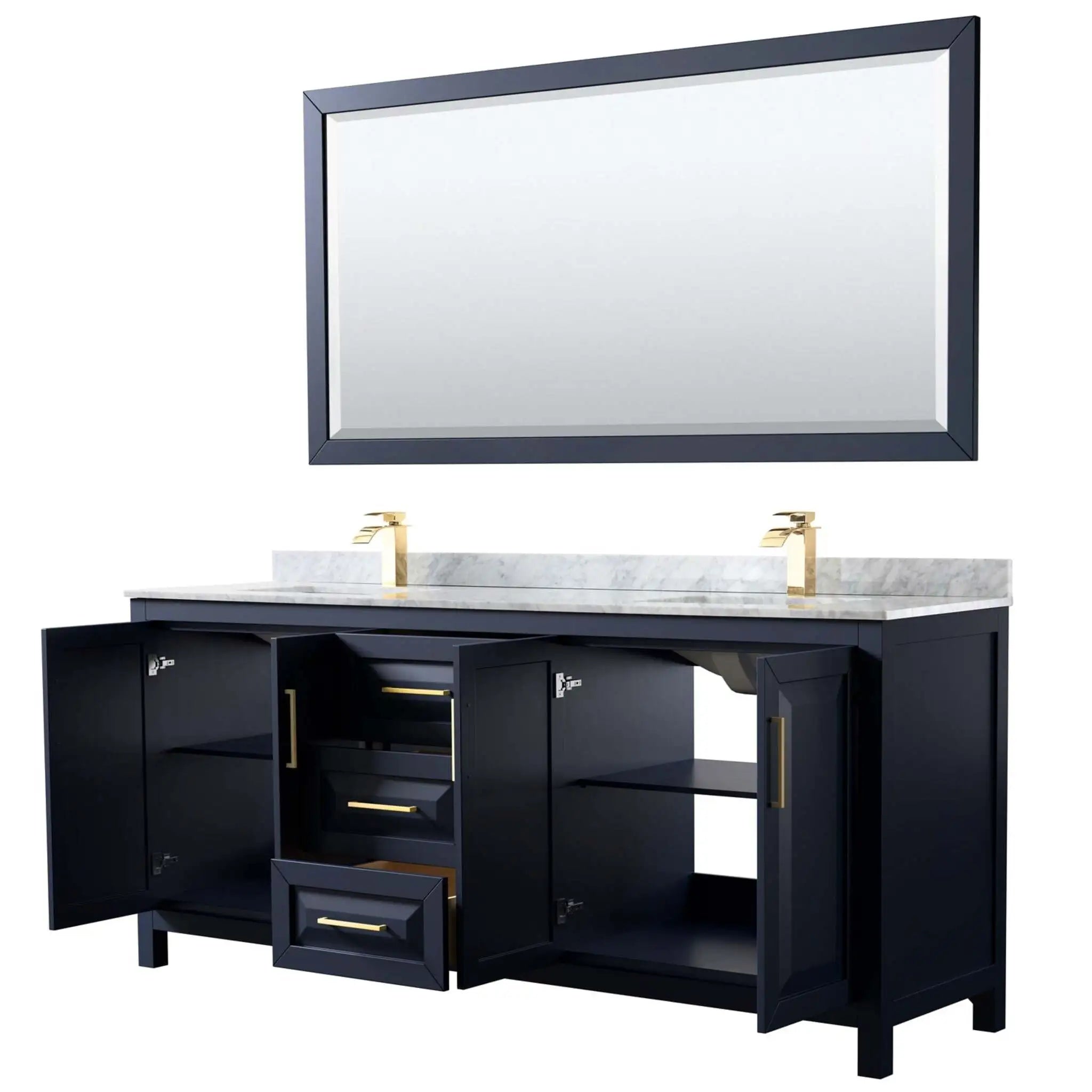 80" Daria Double Bathroom Vanity in Dark Blue with Brushed Gold Trim & 70" Mirror by Wyndham