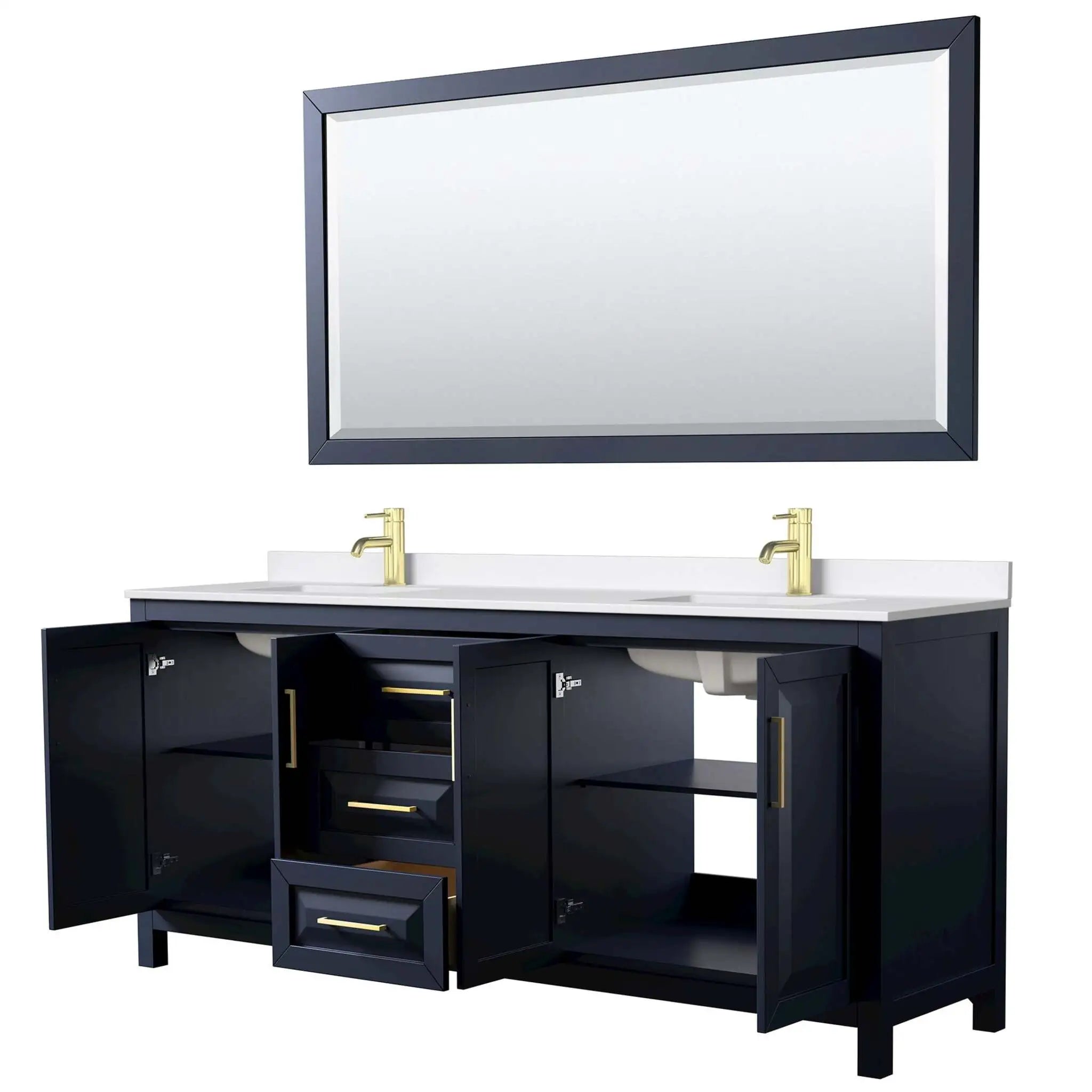 80" Daria Double Bathroom Vanity in Dark Blue with Brushed Gold Trim & 70" Mirror by Wyndham
