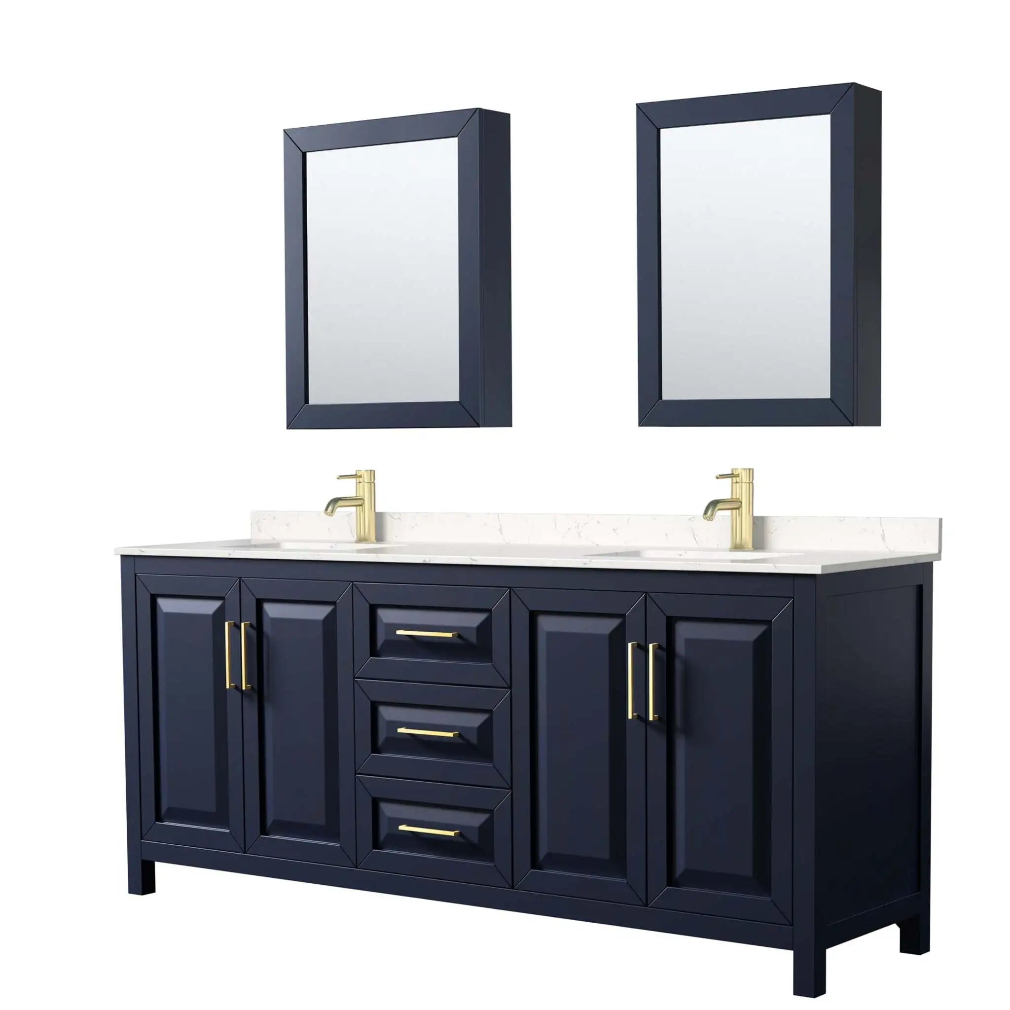80" Daria Double Bathroom Vanity in Dark Blue with Brushed Gold Trim & Medicine Cabinet by Wyndham