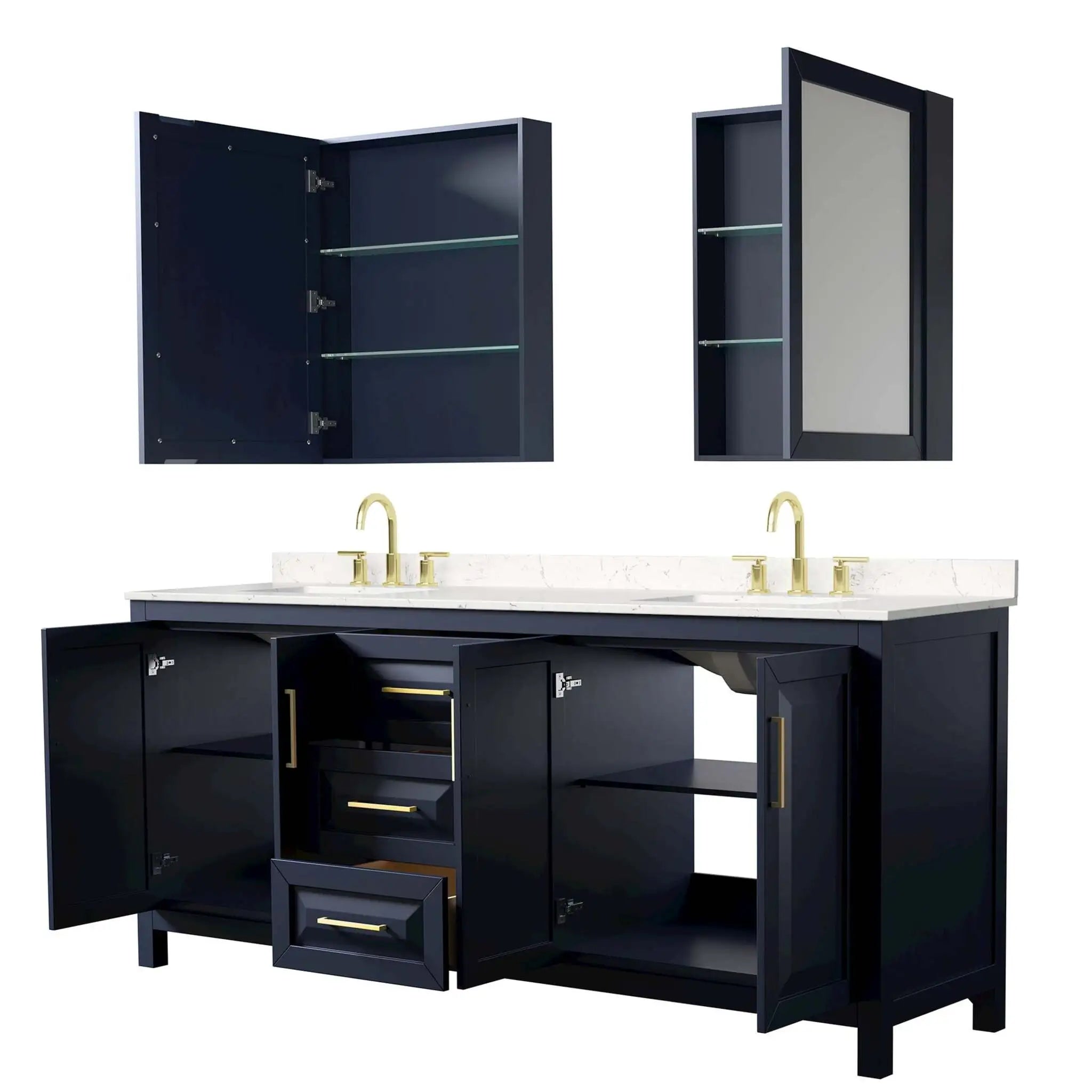 80" Daria Double Bathroom Vanity in Dark Blue with Brushed Gold Trim & Medicine Cabinet by Wyndham