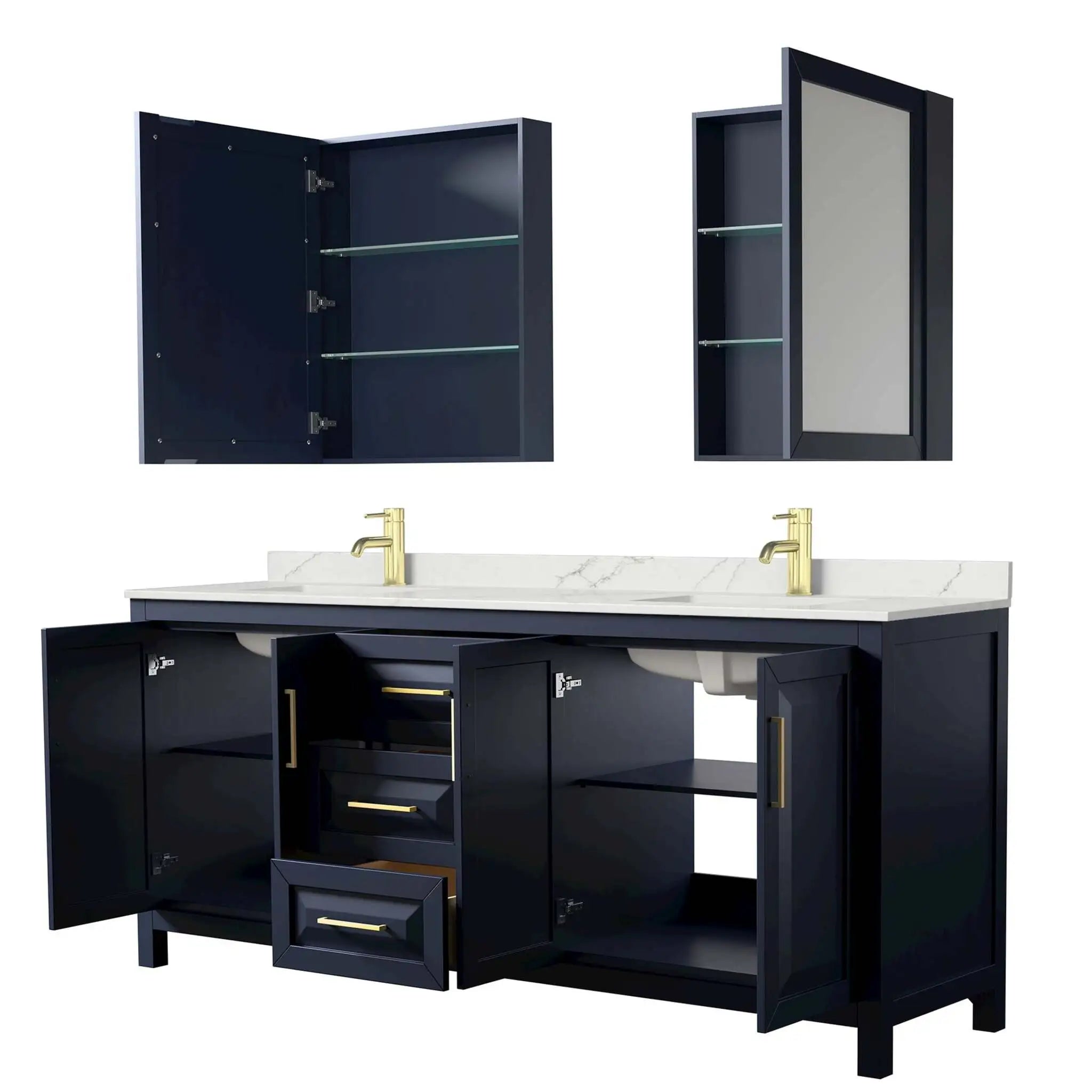 80" Daria Double Bathroom Vanity in Dark Blue with Brushed Gold Trim & Medicine Cabinet by Wyndham