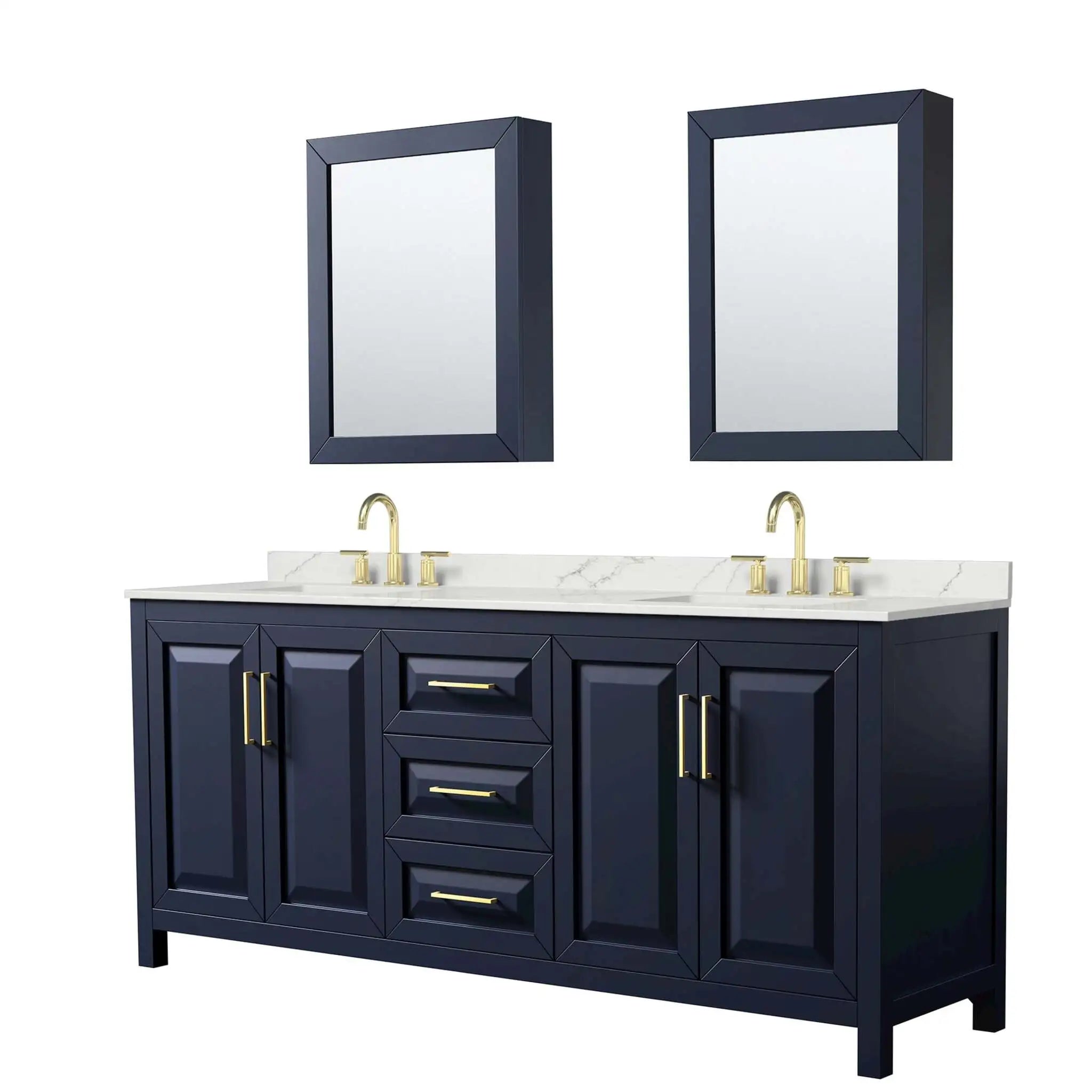 80" Daria Double Bathroom Vanity in Dark Blue with Brushed Gold Trim & Medicine Cabinet by Wyndham