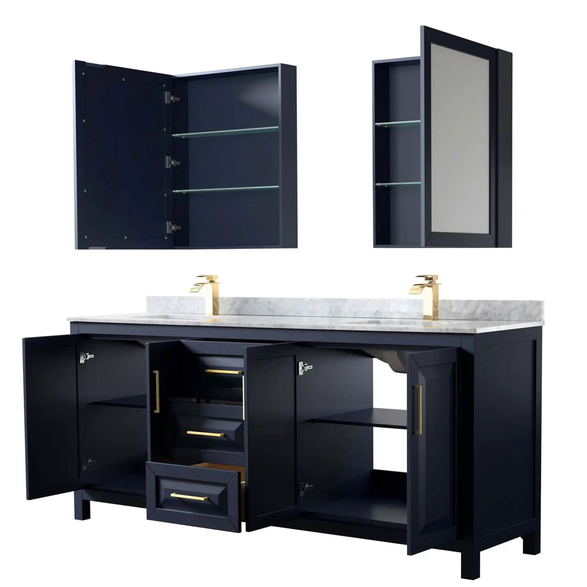 80" Daria Double Bathroom Vanity in Dark Blue with Brushed Gold Trim & Medicine Cabinet by Wyndham