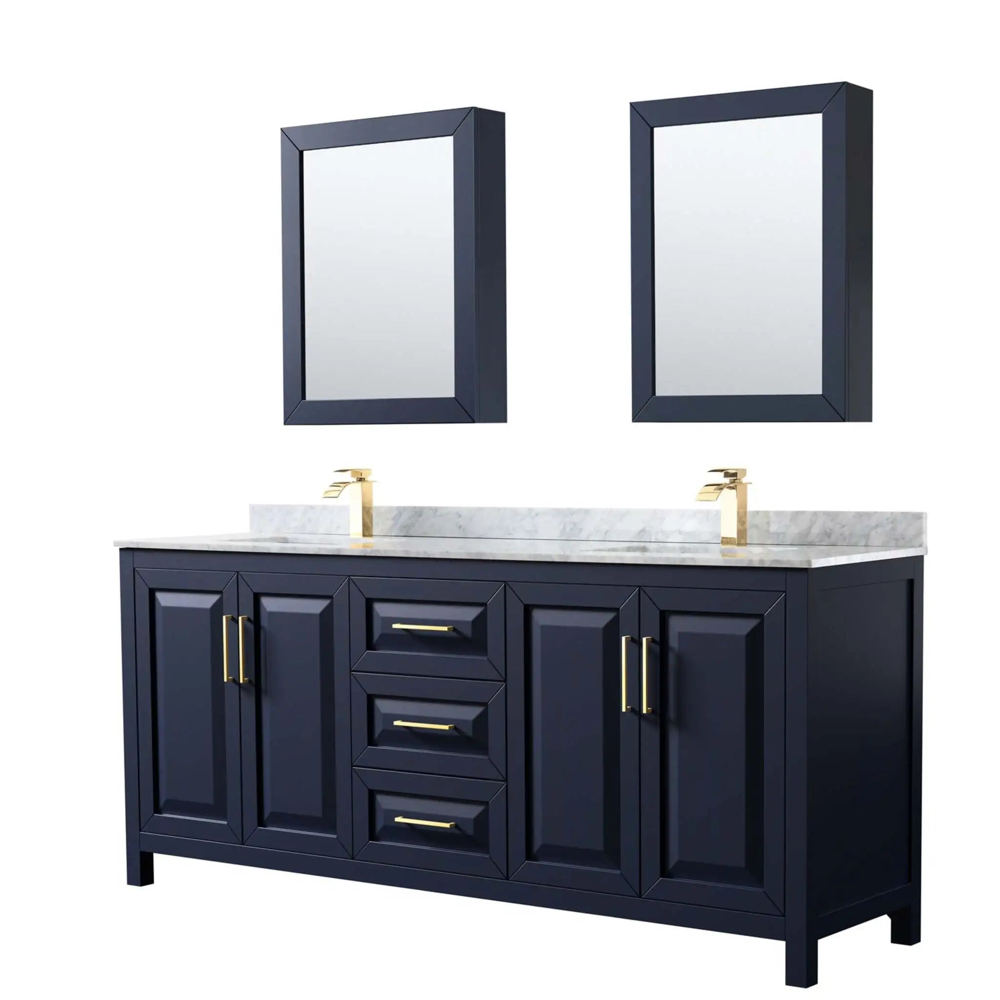 80" Daria Double Bathroom Vanity in Dark Blue with Brushed Gold Trim & Medicine Cabinet by Wyndham