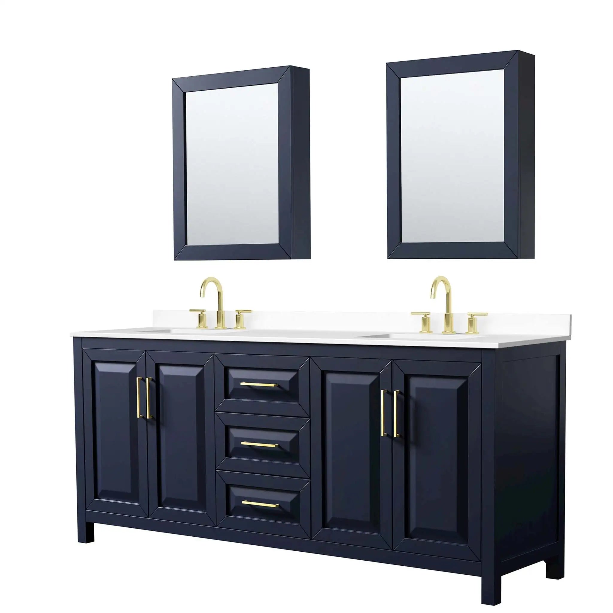 80" Daria Double Bathroom Vanity in Dark Blue with Brushed Gold Trim & Medicine Cabinet by Wyndham