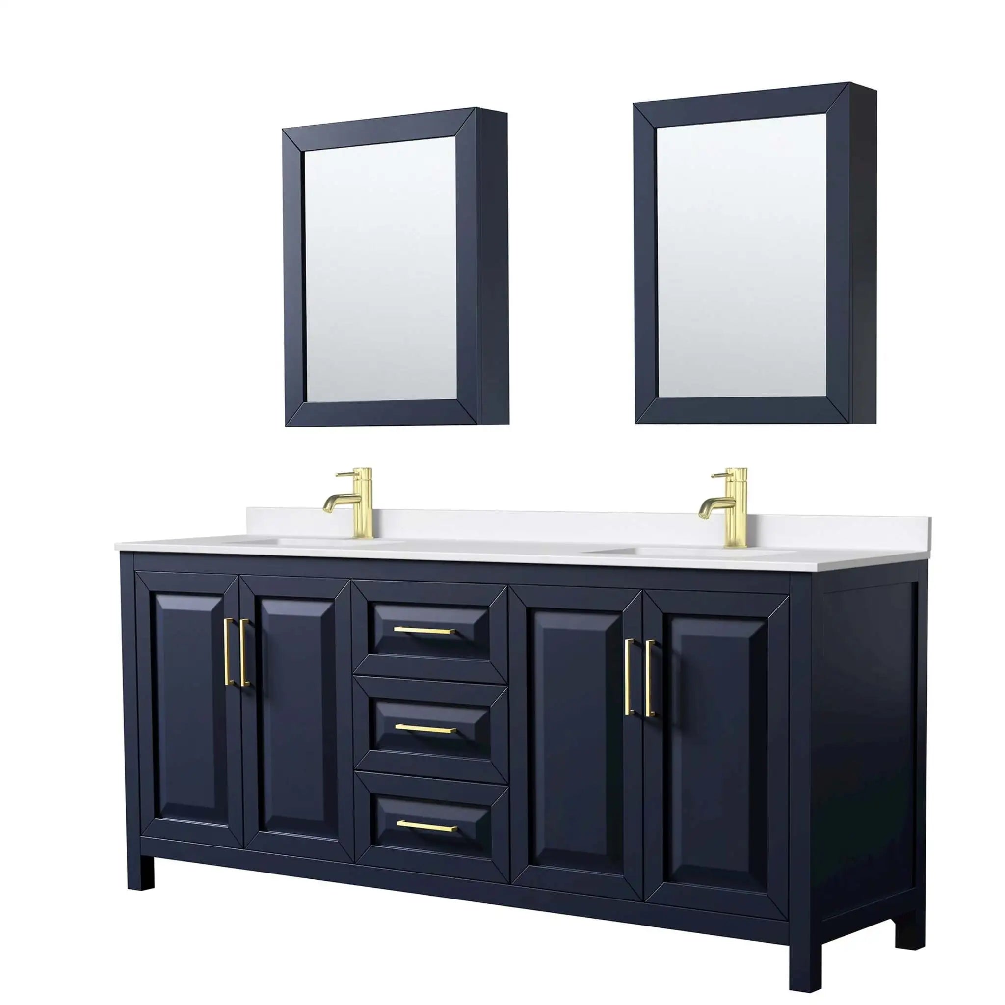 80" Daria Double Bathroom Vanity in Dark Blue with Brushed Gold Trim & Medicine Cabinet by Wyndham