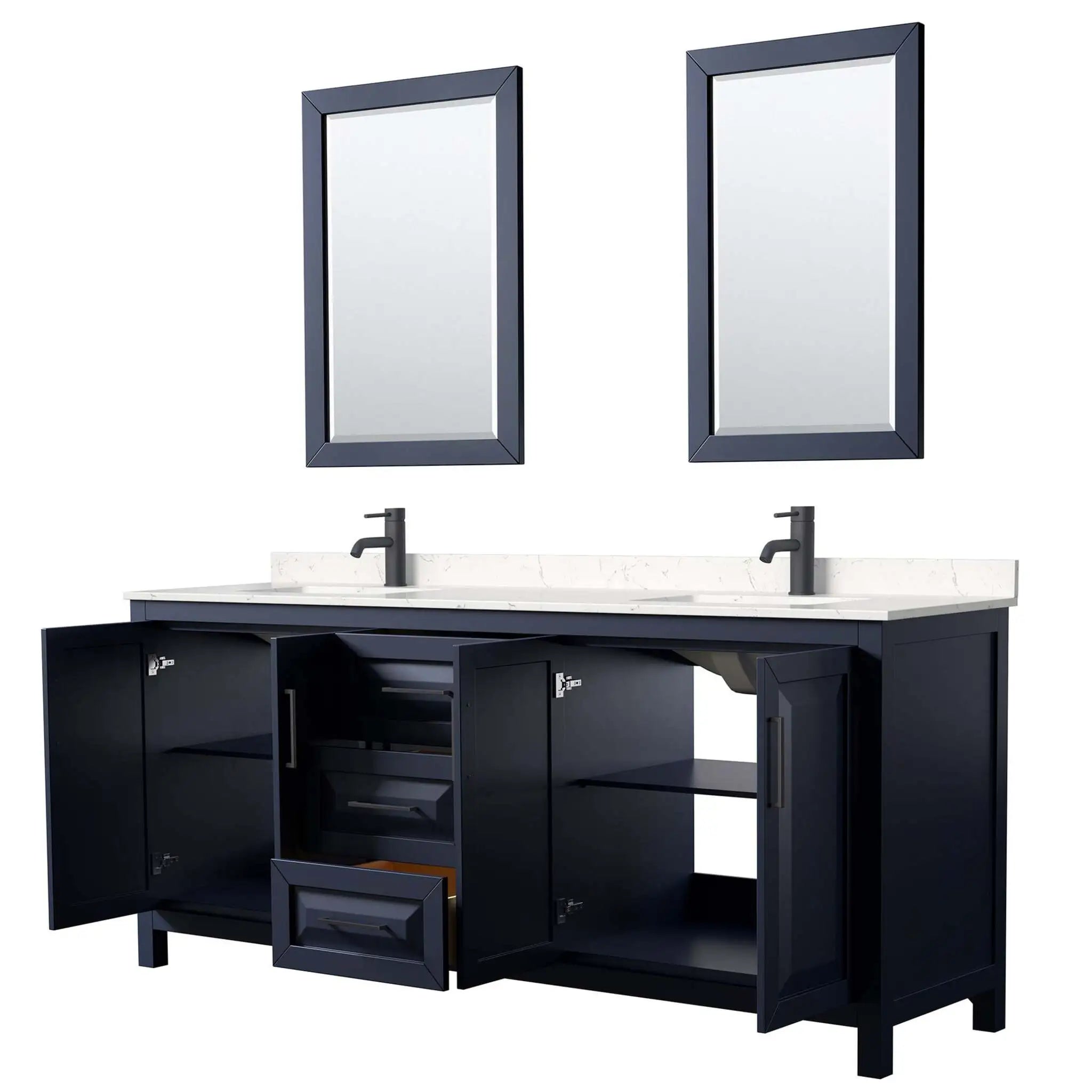 80" Daria Double Bathroom Vanity in Dark Blue with Matte Black Trim & 24" Mirror by Wyndham