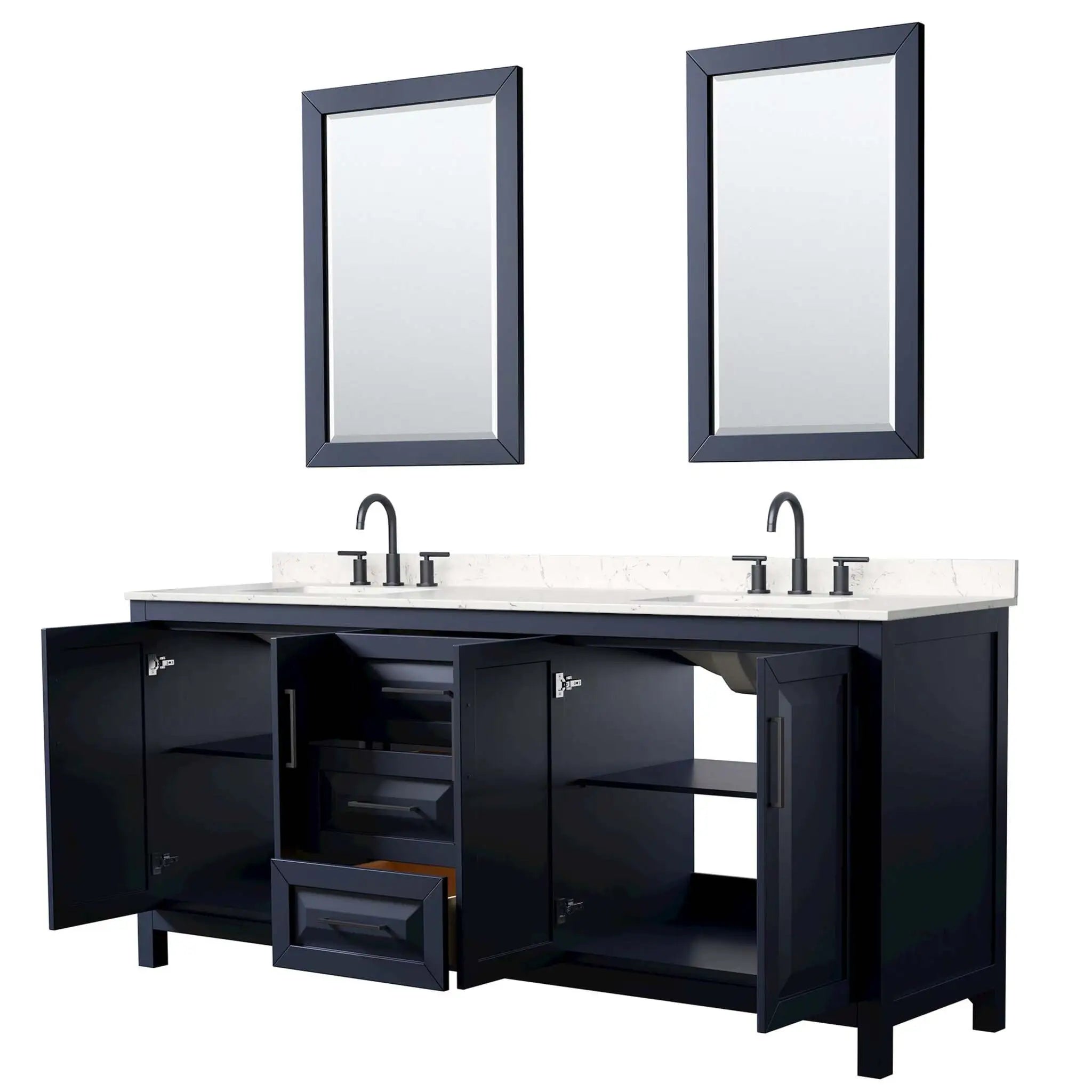80" Daria Double Bathroom Vanity in Dark Blue with Matte Black Trim & 24" Mirror by Wyndham