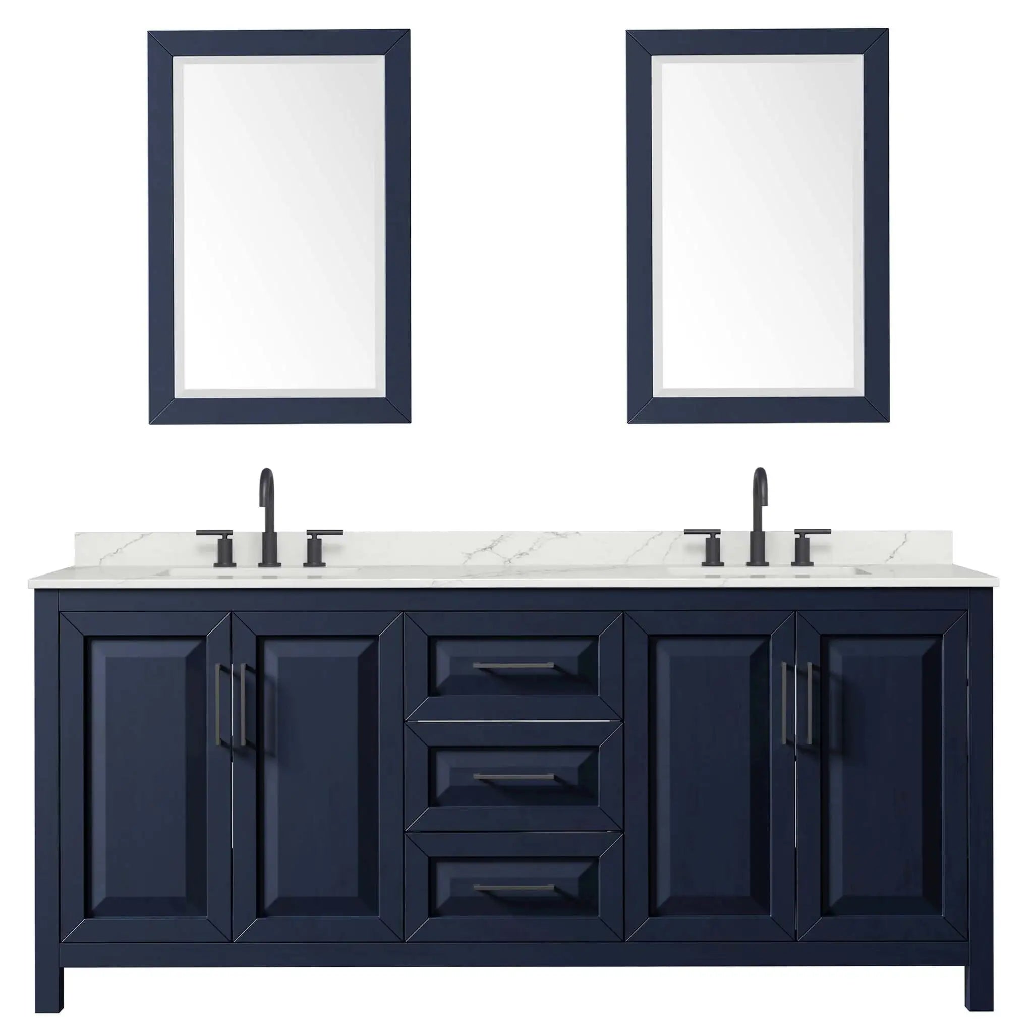 80" Daria Double Bathroom Vanity in Dark Blue with Matte Black Trim & 24" Mirror by Wyndham