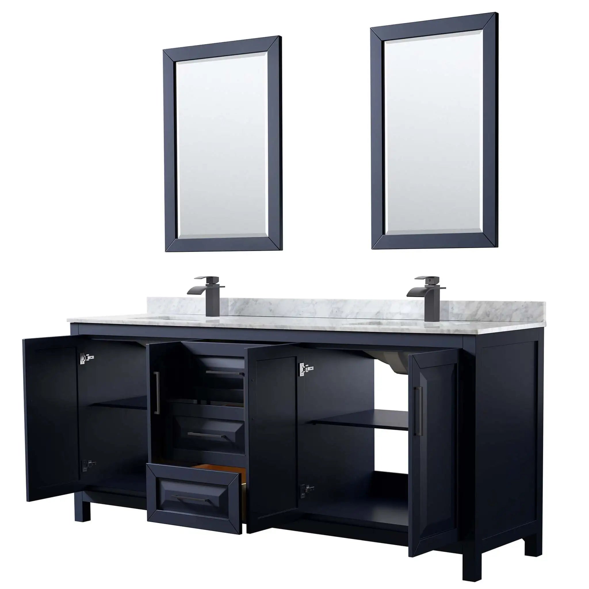 80" Daria Double Bathroom Vanity in Dark Blue with Matte Black Trim & 24" Mirror by Wyndham