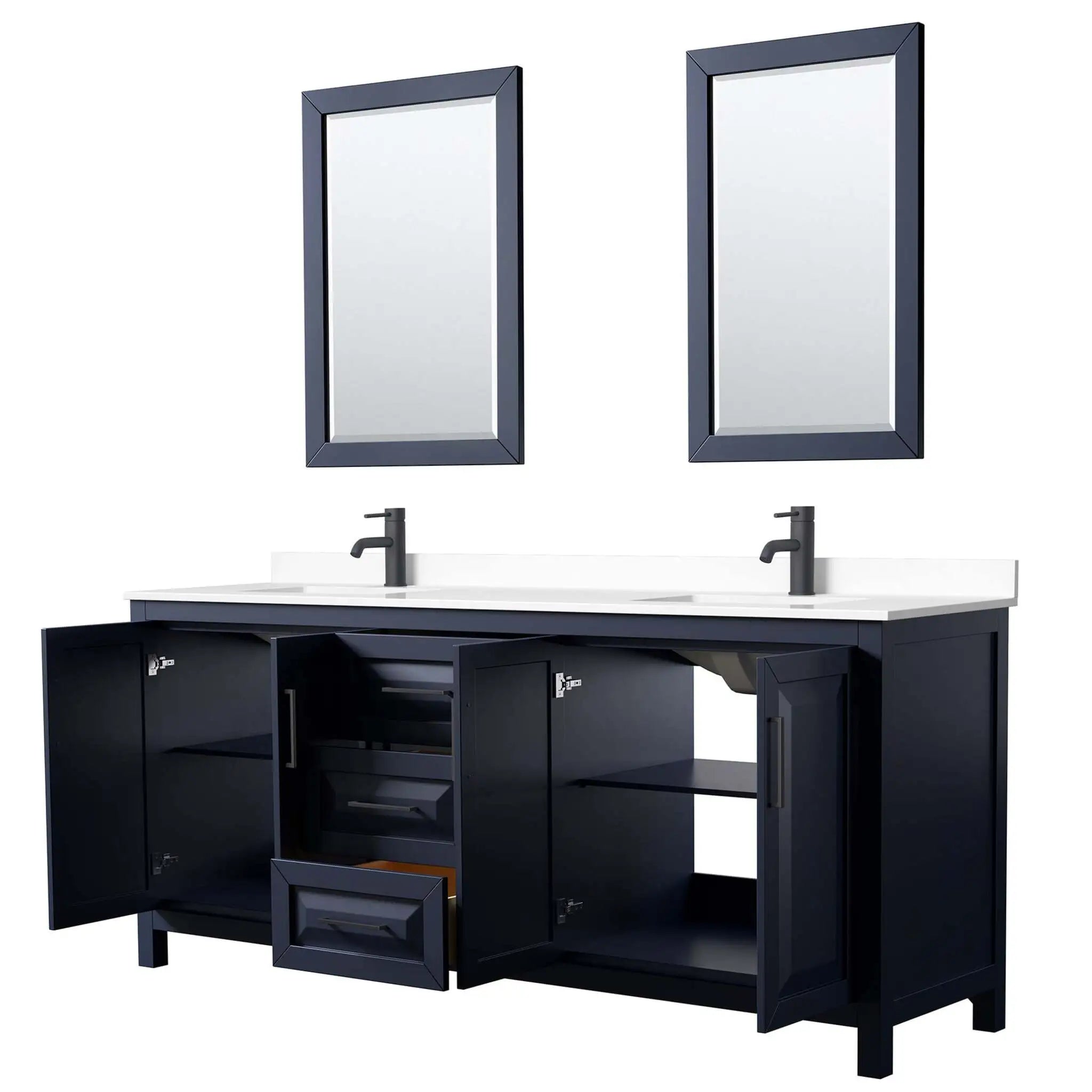 80" Daria Double Bathroom Vanity in Dark Blue with Matte Black Trim & 24" Mirror by Wyndham