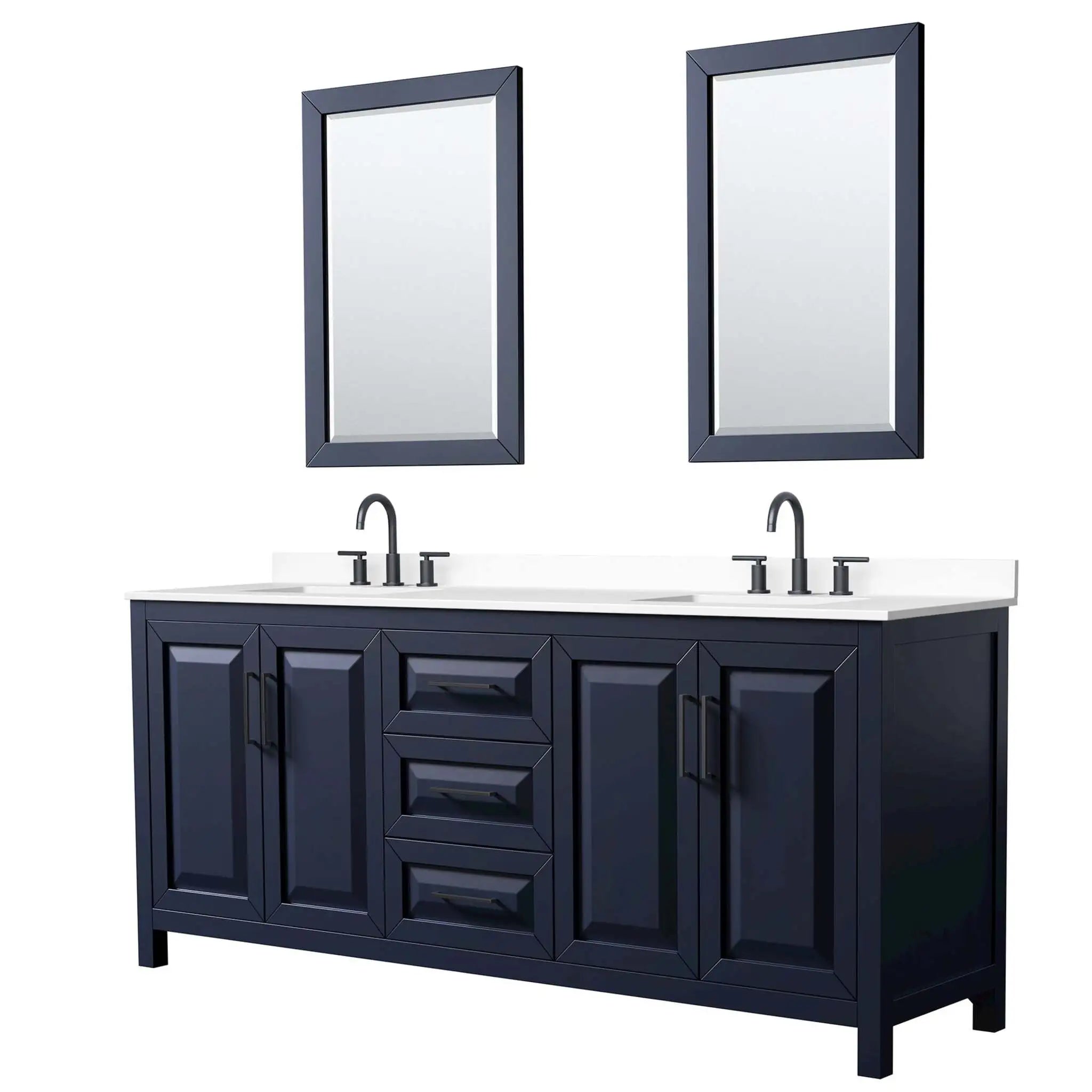 80" Daria Double Bathroom Vanity in Dark Blue with Matte Black Trim & 24" Mirror by Wyndham