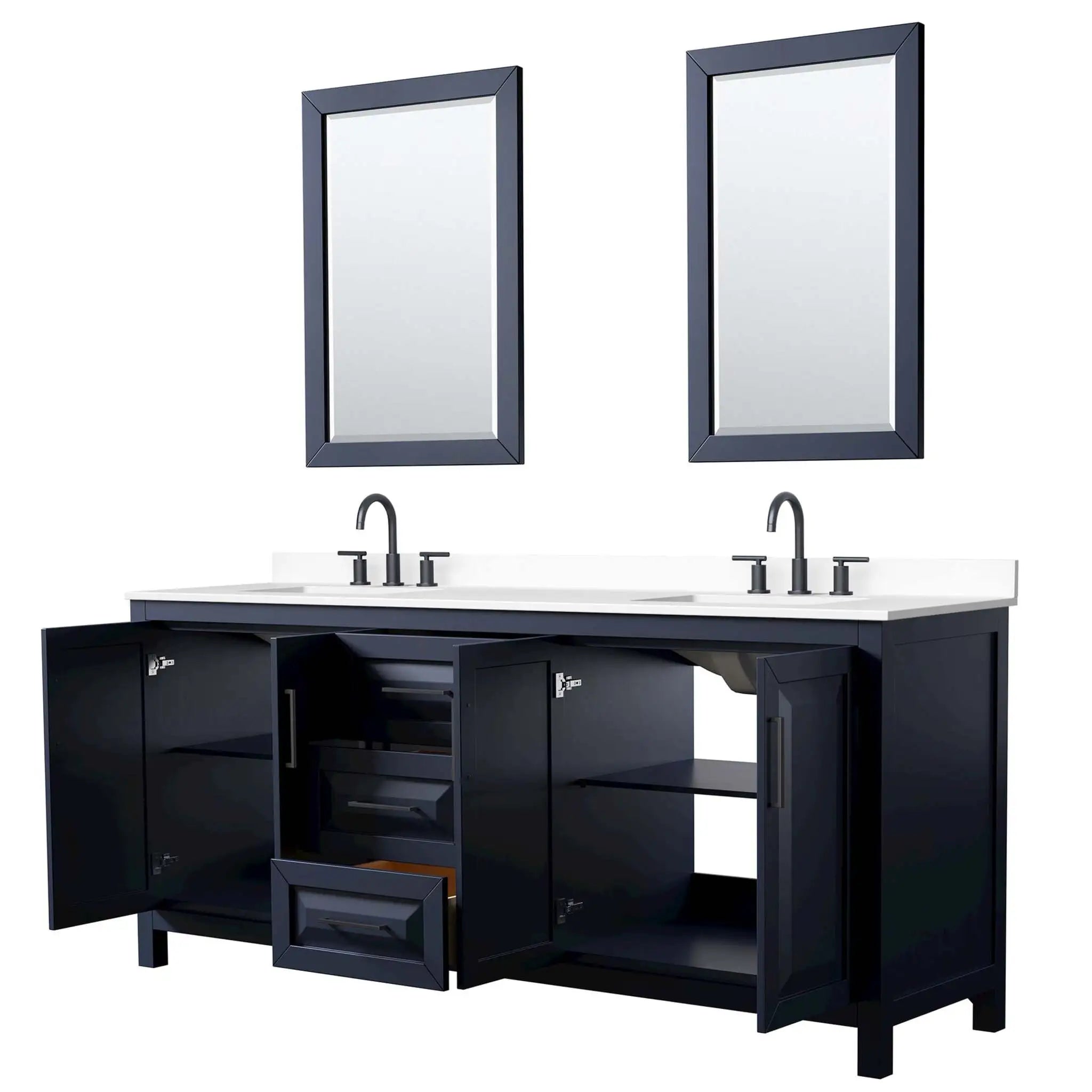 80" Daria Double Bathroom Vanity in Dark Blue with Matte Black Trim & 24" Mirror by Wyndham