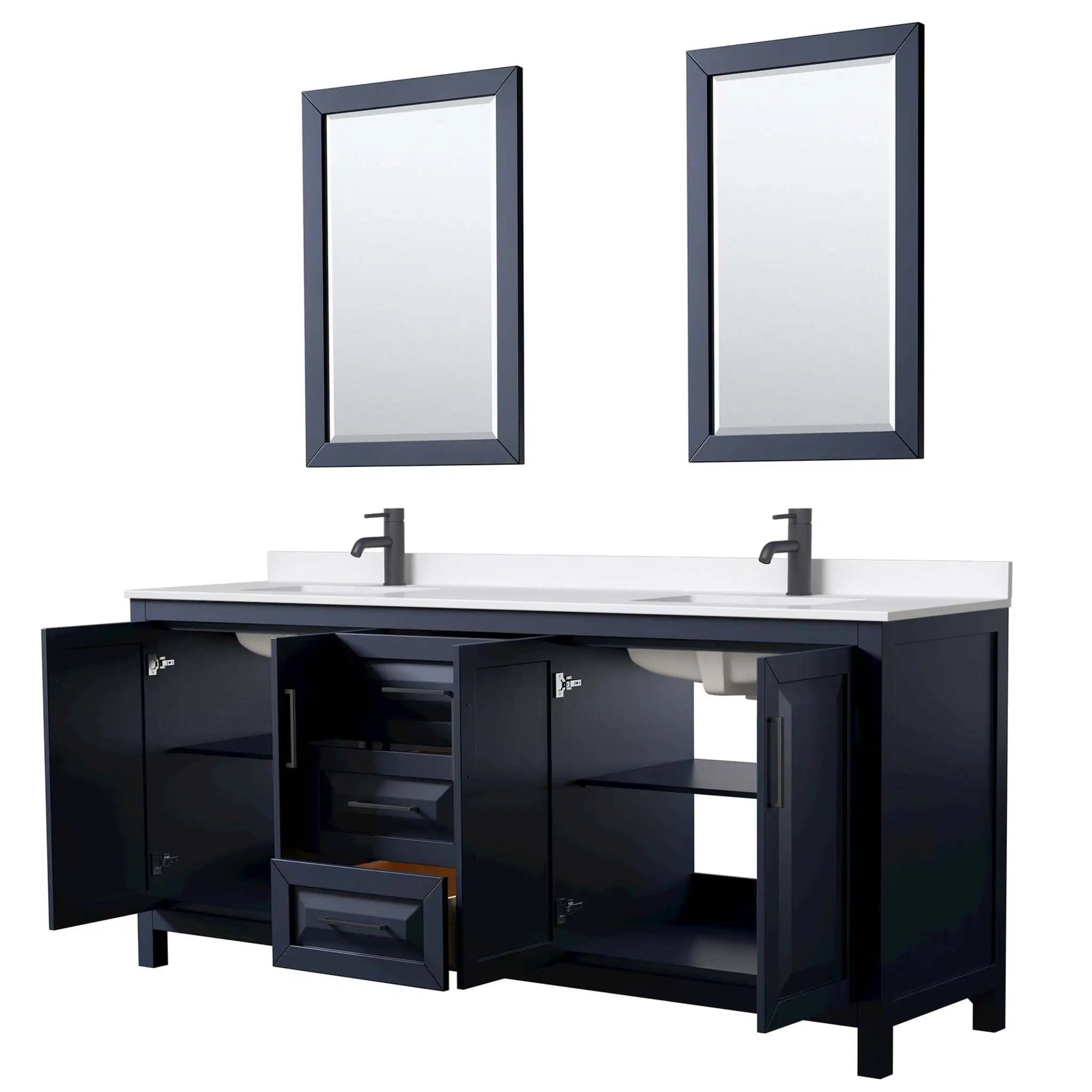 80" Daria Double Bathroom Vanity in Dark Blue with Matte Black Trim & 24" Mirror by Wyndham