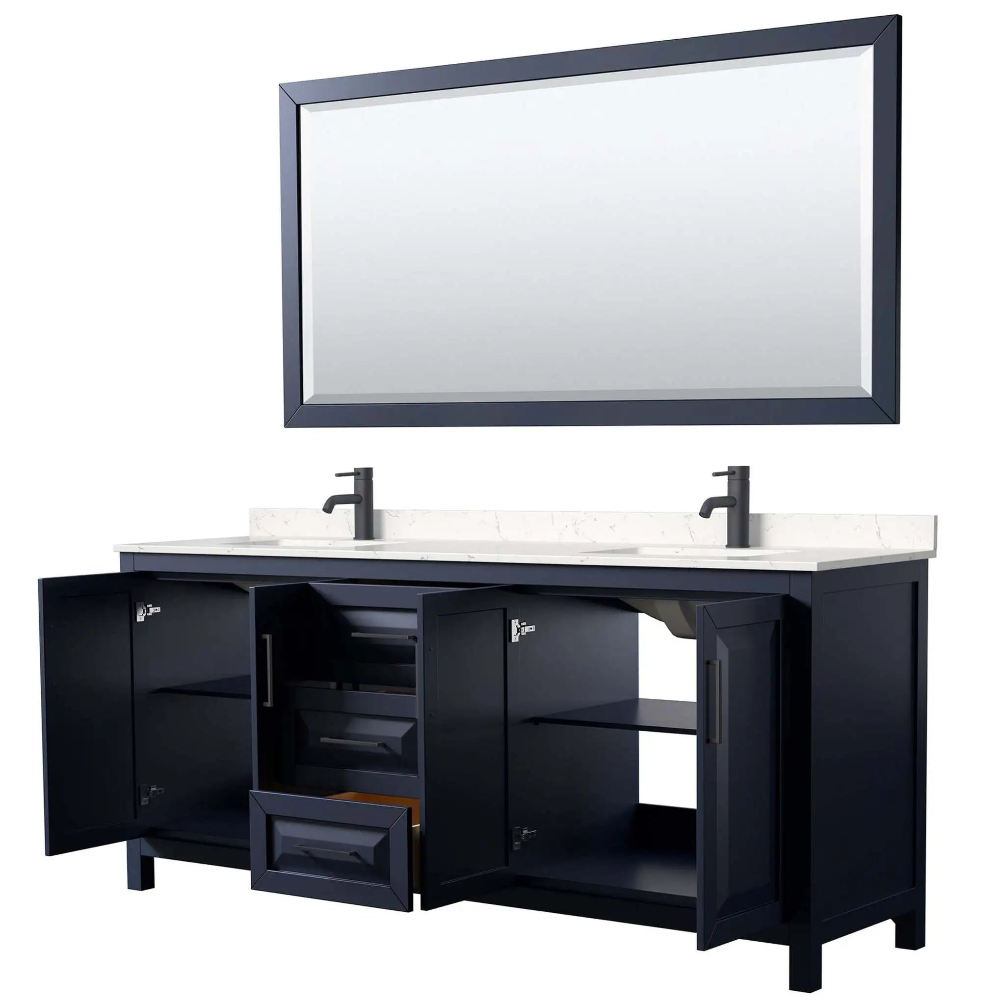 80" Daria Double Bathroom Vanity in Dark Blue with Matte Black Trim & 70" Mirror by Wyndham